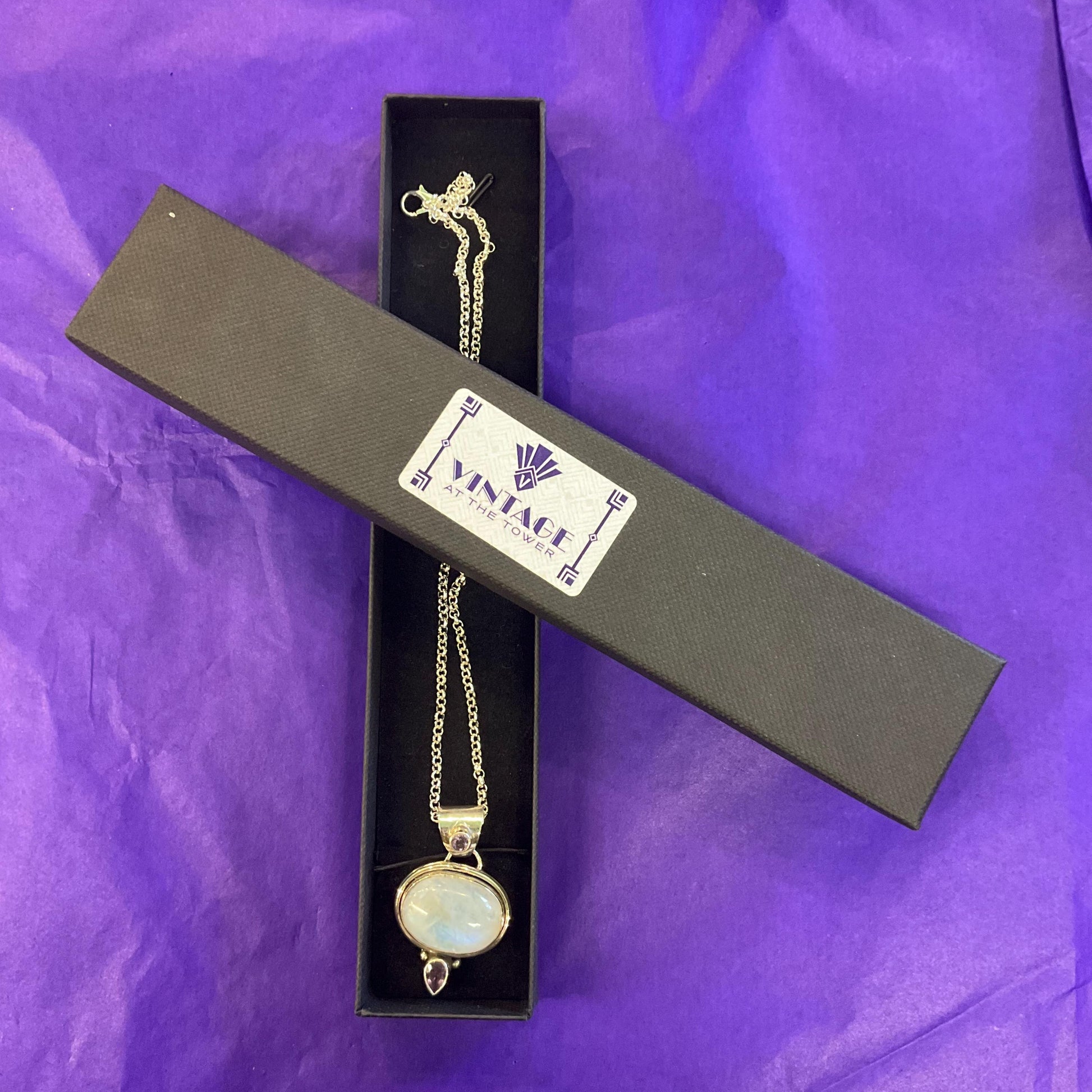 Vintage Silver (925), Moonstone and Amethyst Pendant Necklace, Artisan Made with a silver plated chain