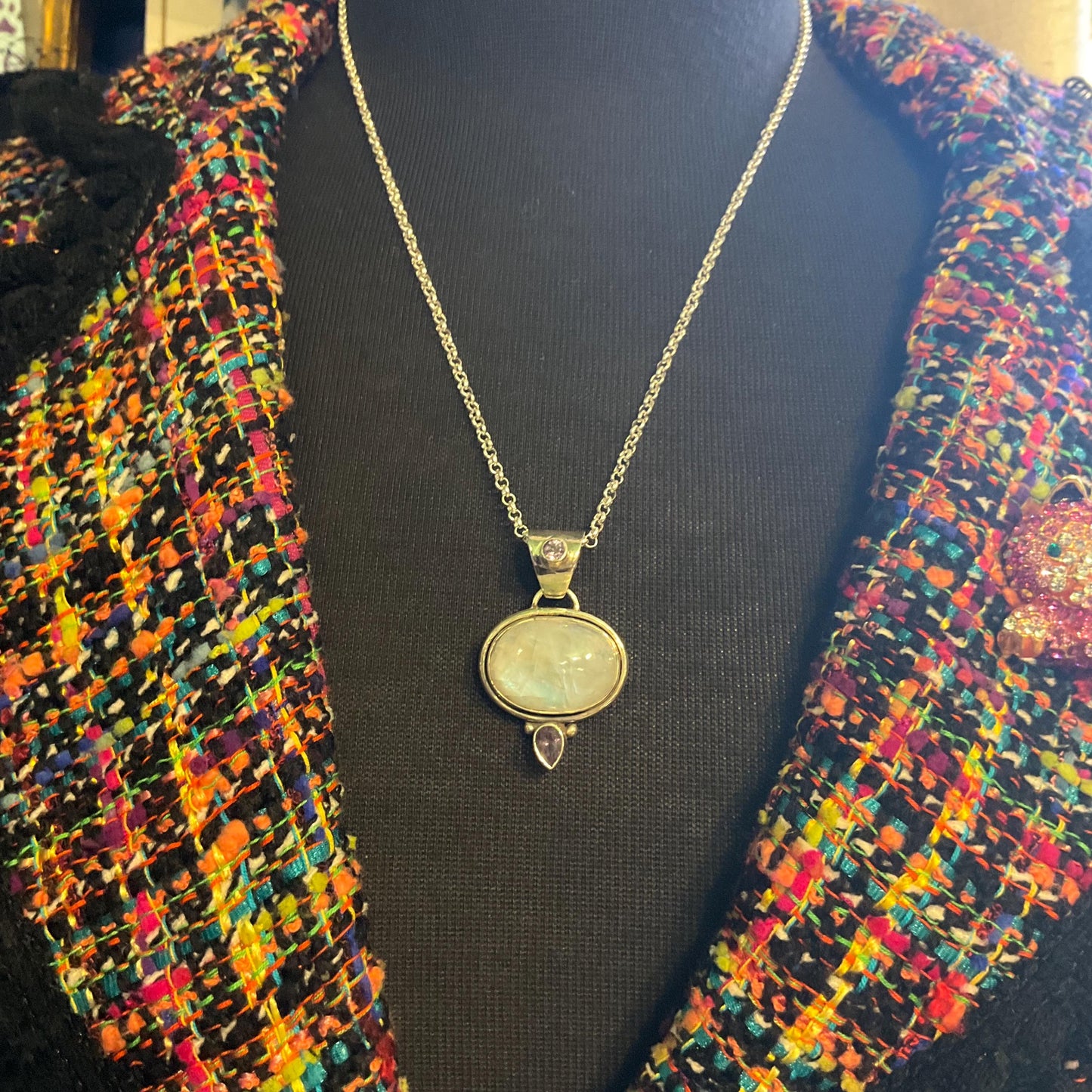 Vintage Silver (925), Moonstone and Amethyst Pendant Necklace, Artisan Made with a silver plated chain