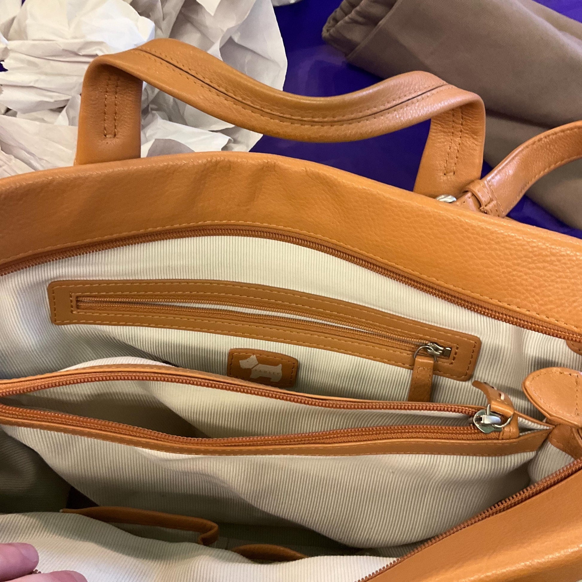 Vintage RADLEY Large Tan Pebble Leather Handbag/ Cross Body Bag, Rarely used with original dust cover