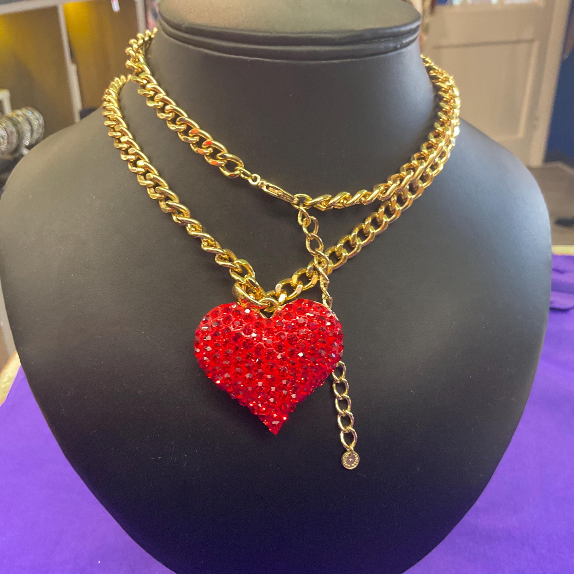 Vintage Butler and Wilson Red Crystal Heart Long Pendant, Gold Tone with Rhinestone Crystals and Curb Chain