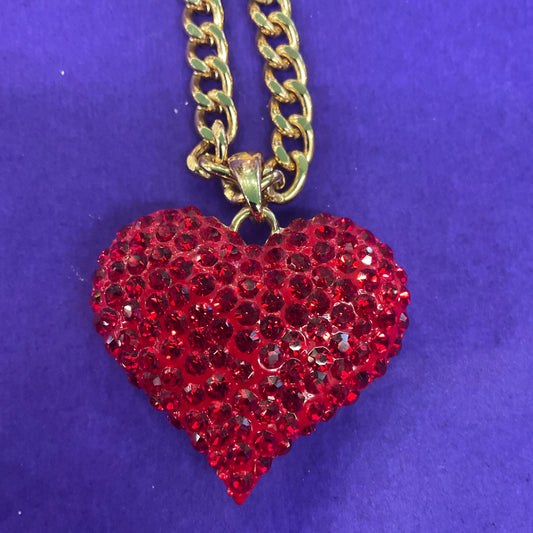 Vintage Butler and Wilson Red Crystal Heart Long Pendant, Gold Tone with Rhinestone Crystals and Curb Chain