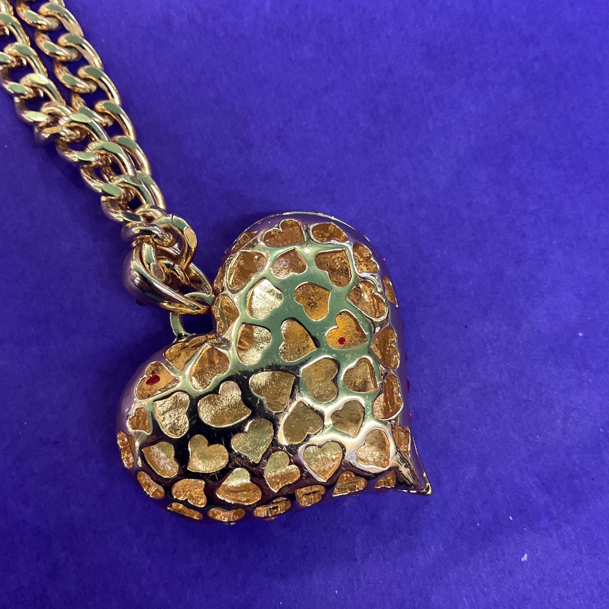 Vintage Butler and Wilson Red Crystal Heart Long Pendant, Gold Tone with Rhinestone Crystals and Curb Chain
