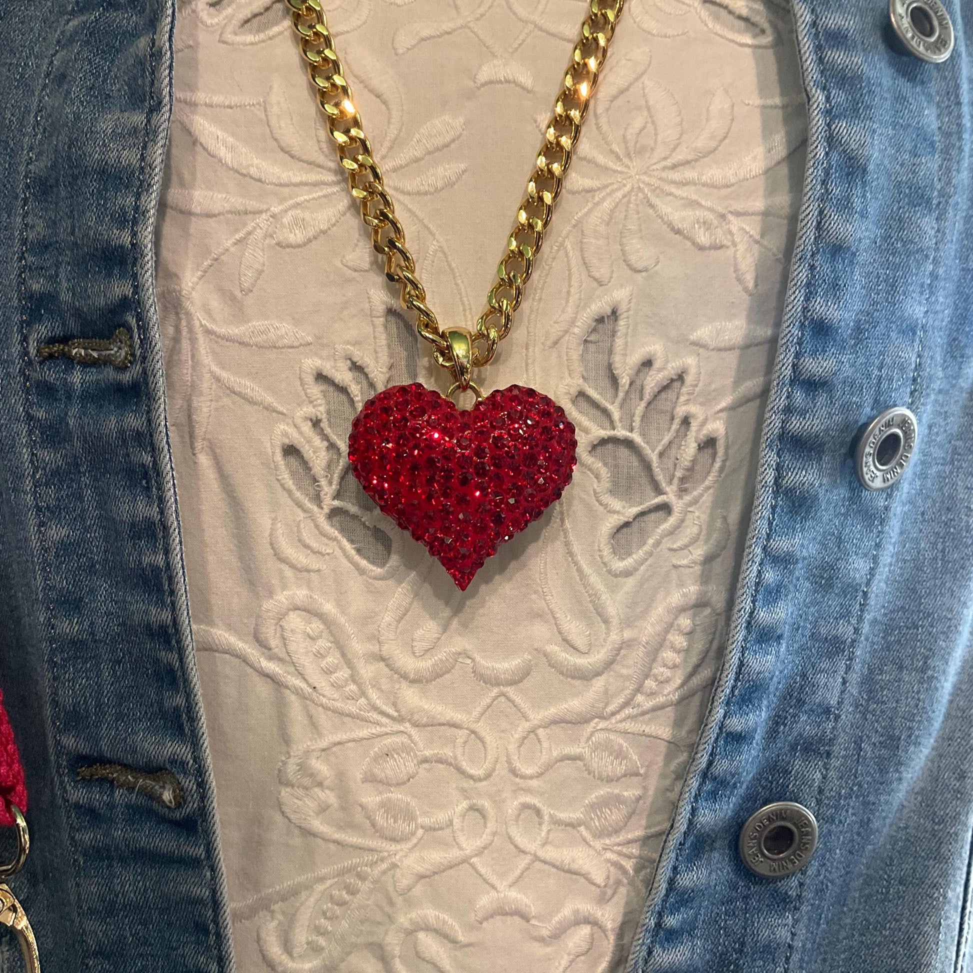 Vintage Butler and Wilson Red Crystal Heart Long Pendant, Gold Tone with Rhinestone Crystals and Curb Chain