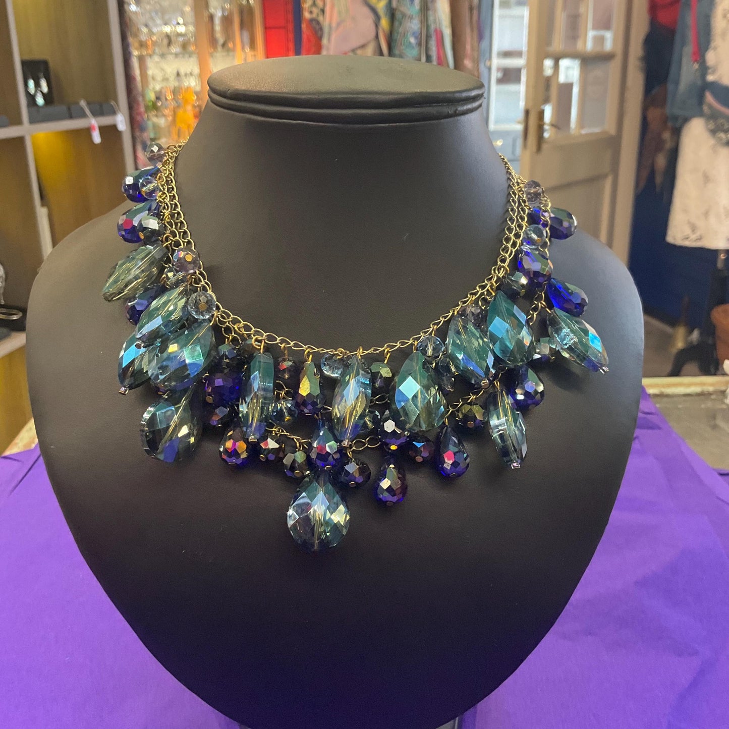 Vintage Butler and Wilson Bohemian Crystal and Fresh Water Pearl Floral Y Drop Tassled Necklace with Blue and Pink Crystal and Ivory Pearls
