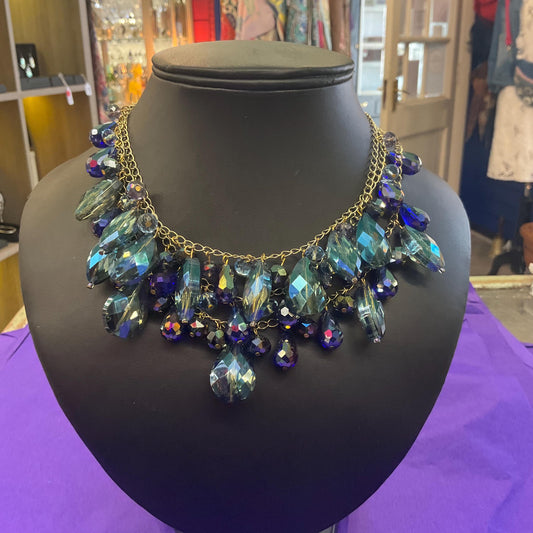Vintage Butler and Wilson Bohemian Crystal and Fresh Water Pearl Floral Y Drop Tassled Necklace with Blue and Pink Crystal and Ivory Pearls