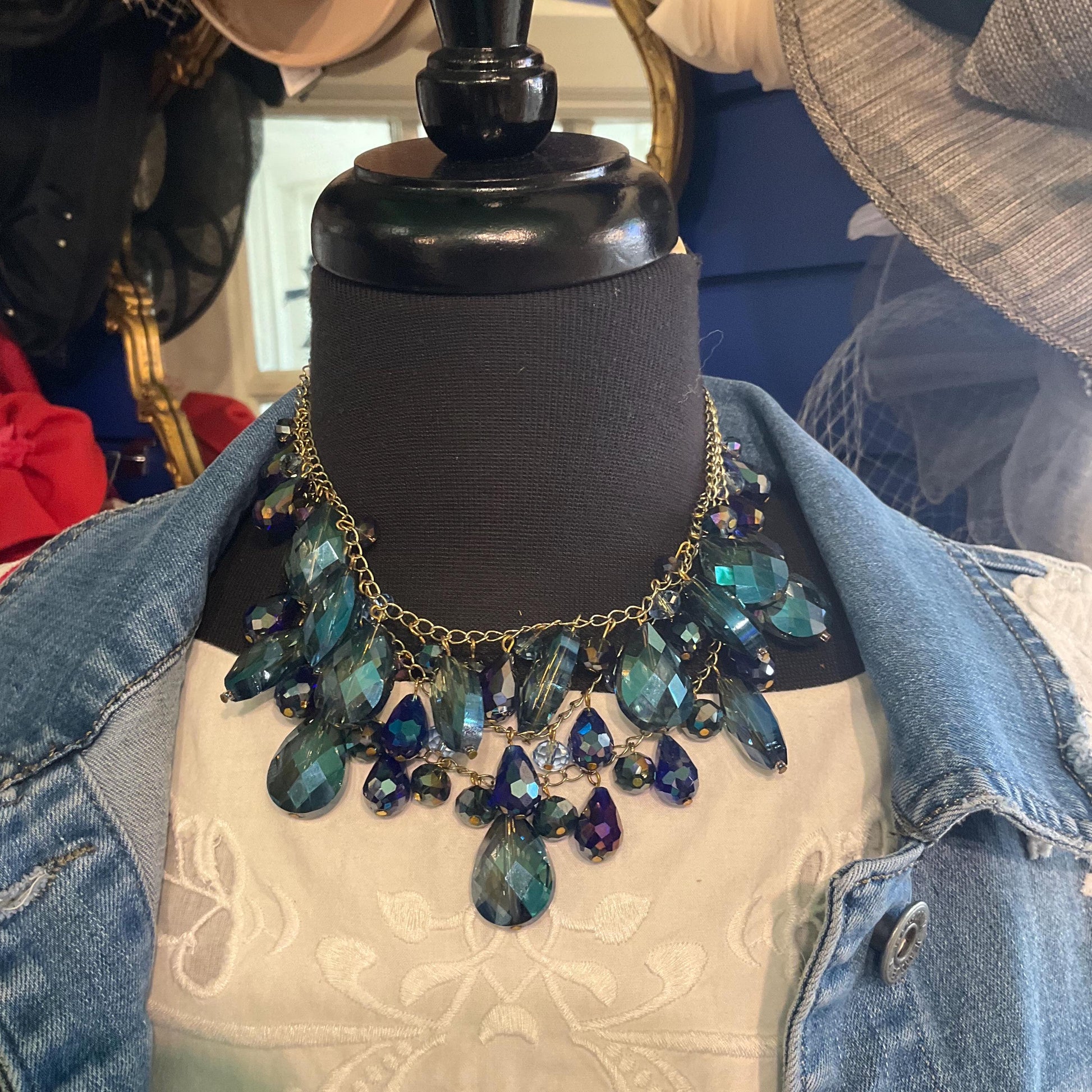 Vintage Butler and Wilson Bohemian Crystal and Fresh Water Pearl Floral Y Drop Tassled Necklace with Blue and Pink Crystal and Ivory Pearls