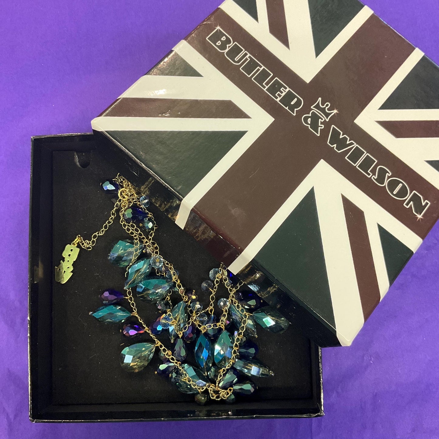 Vintage Butler and Wilson Bohemian Crystal and Fresh Water Pearl Floral Y Drop Tassled Necklace with Blue and Pink Crystal and Ivory Pearls
