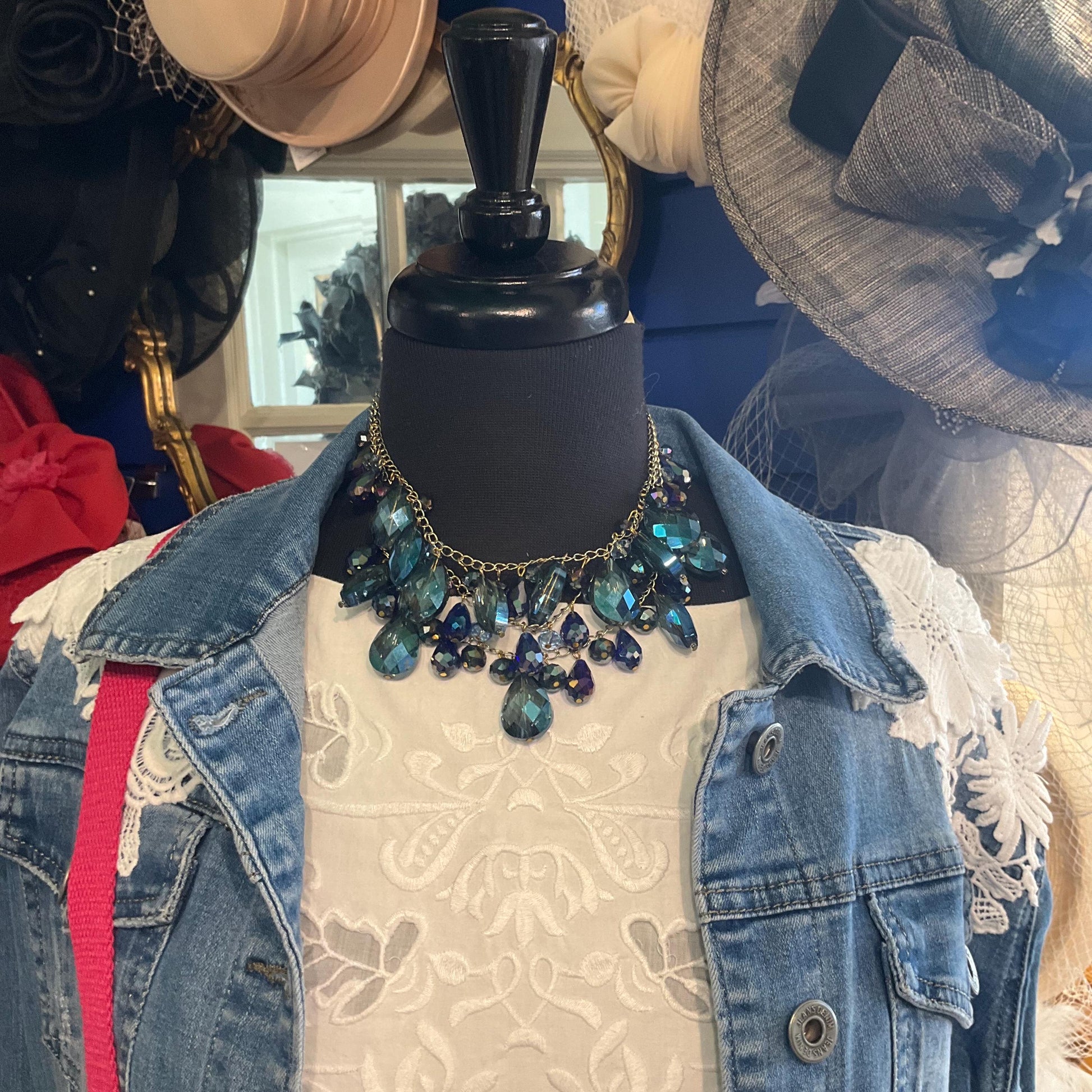 Vintage Butler and Wilson Bohemian Crystal and Fresh Water Pearl Floral Y Drop Tassled Necklace with Blue and Pink Crystal and Ivory Pearls
