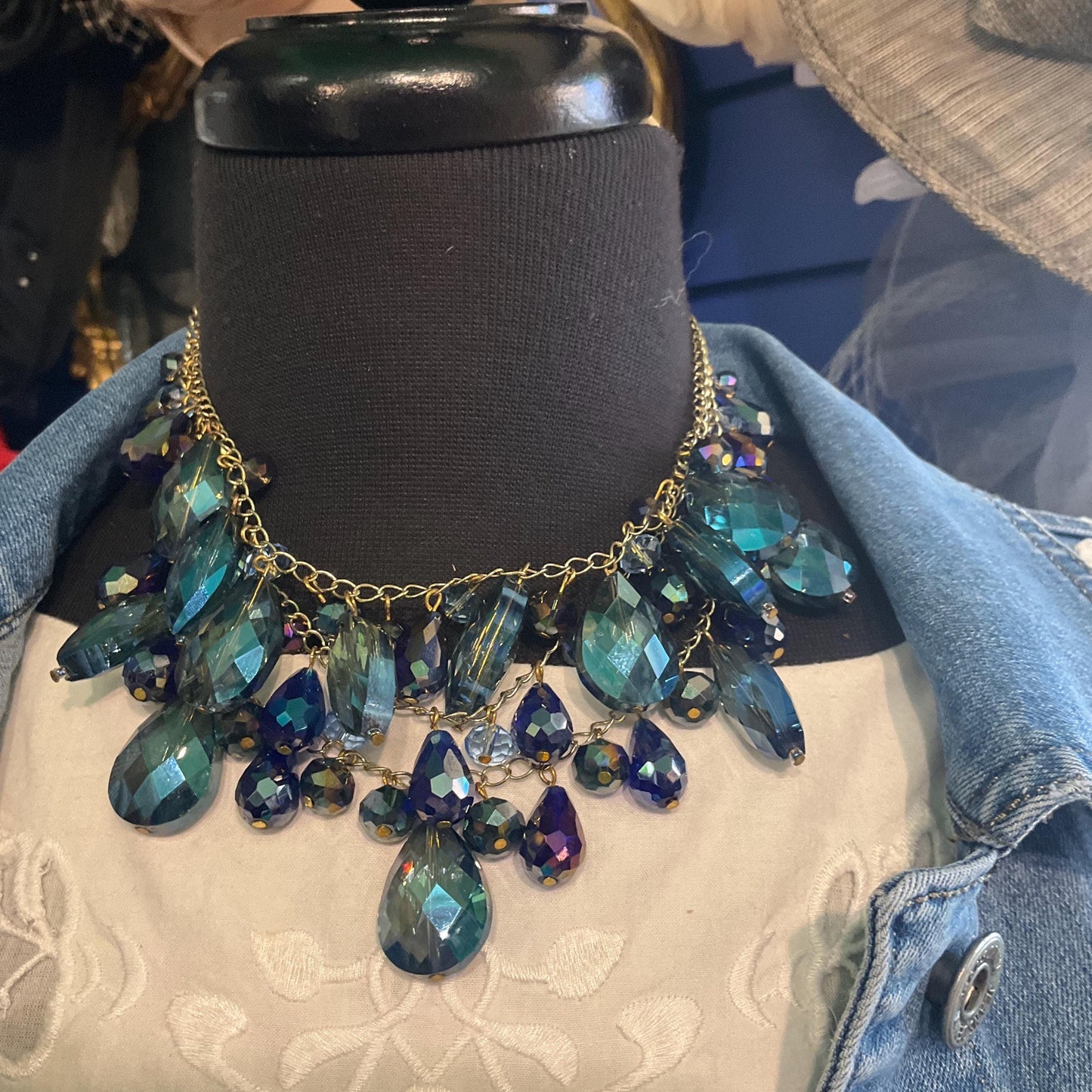 Vintage Butler and Wilson Bohemian Crystal and Fresh Water Pearl Floral Y Drop Tassled Necklace with Blue and Pink Crystal and Ivory Pearls