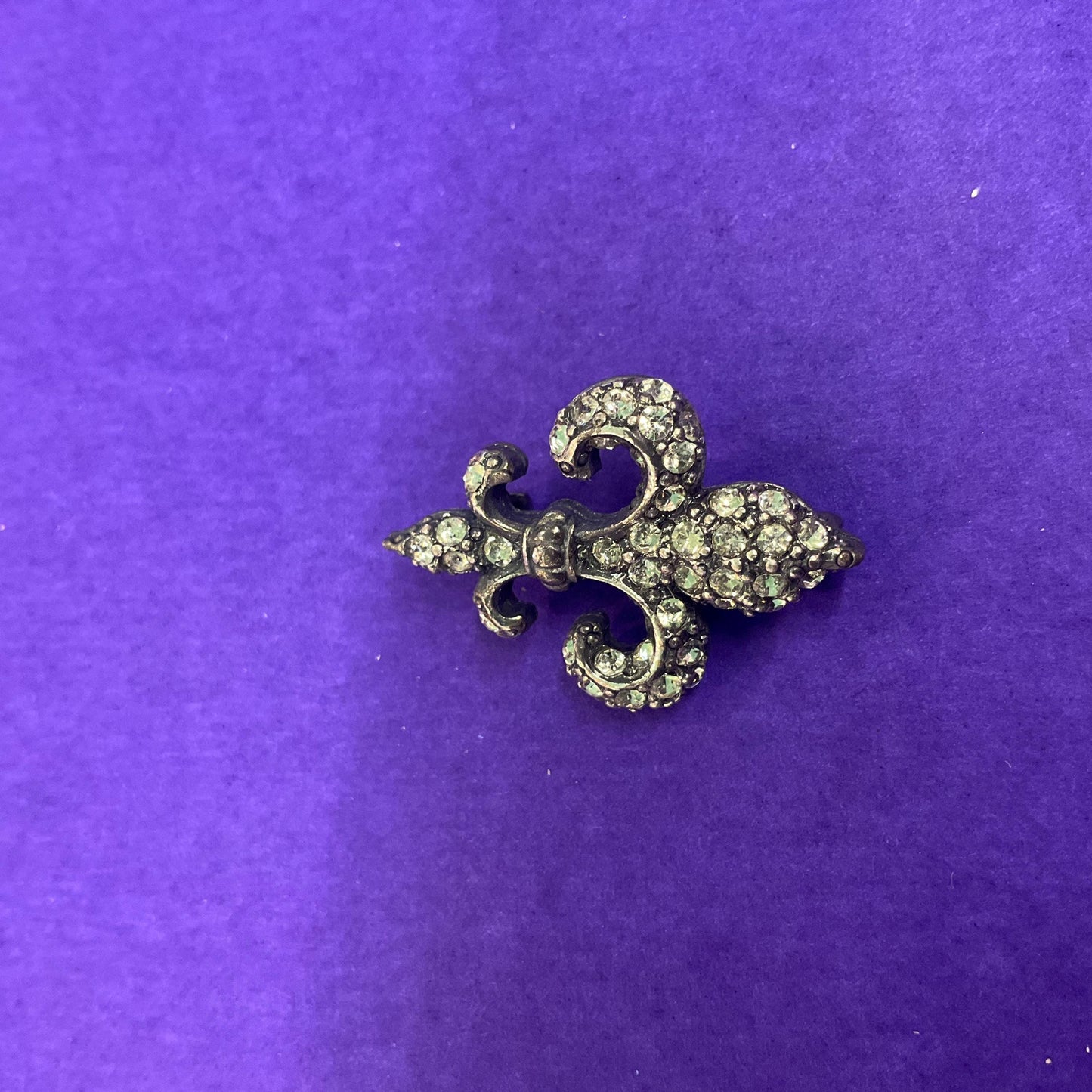 Vintage Butler and Wilson Small Fleur De Lys Brooch, Dark Pewter Tone with Silver Crystals