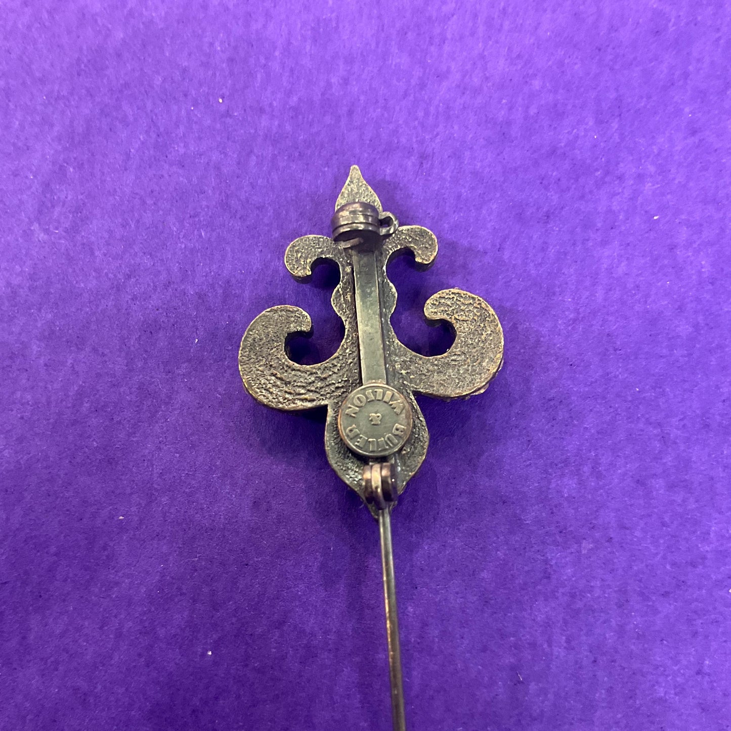 Vintage Butler and Wilson Small Fleur De Lys Brooch, Dark Pewter Tone with Silver Crystals