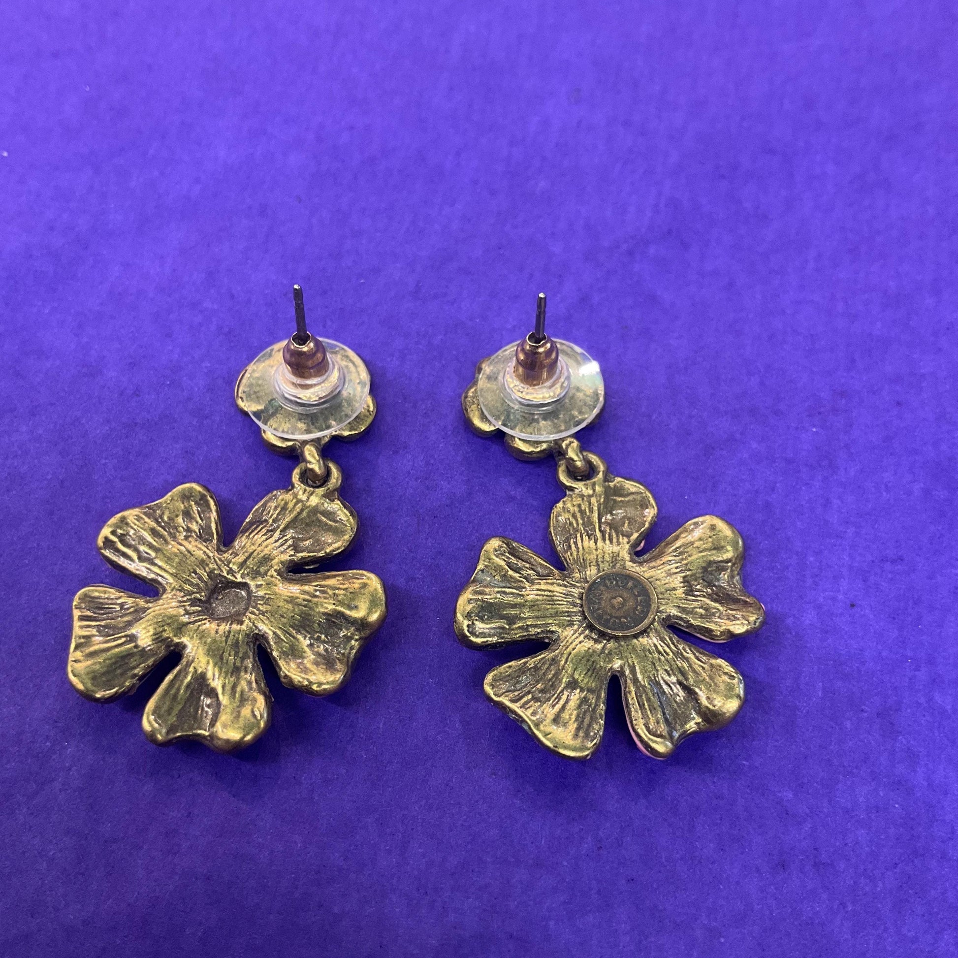 Vintage Butler and Wilson Pink and Purple Crystal Flower Drop Earrings, Old Gold Tone Metal with Enamel and Ombre Rhinestones