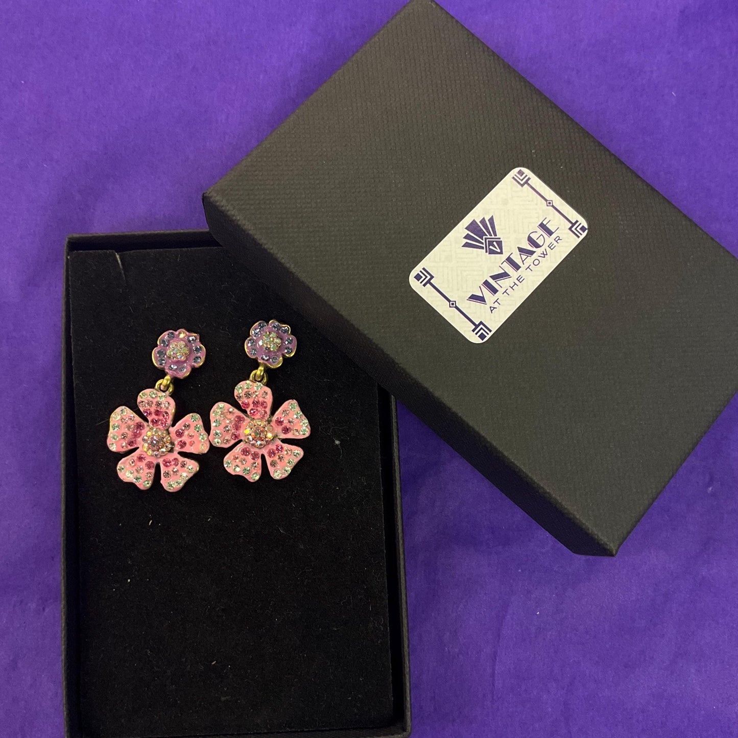 Vintage Butler and Wilson Pink and Purple Crystal Flower Drop Earrings, Old Gold Tone Metal with Enamel and Ombre Rhinestones