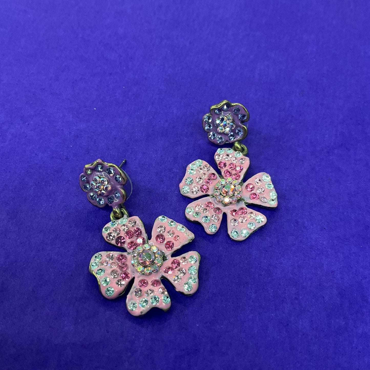 Vintage Butler and Wilson Pink and Purple Crystal Flower Drop Earrings, Old Gold Tone Metal with Enamel and Ombre Rhinestones