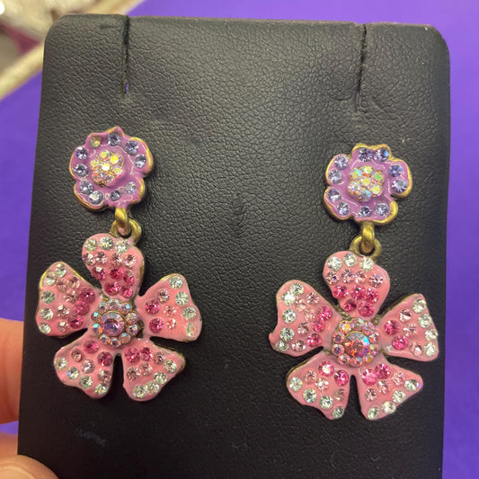 Vintage Butler and Wilson Pink and Purple Crystal Flower Drop Earrings, Old Gold Tone Metal with Enamel and Ombre Rhinestones
