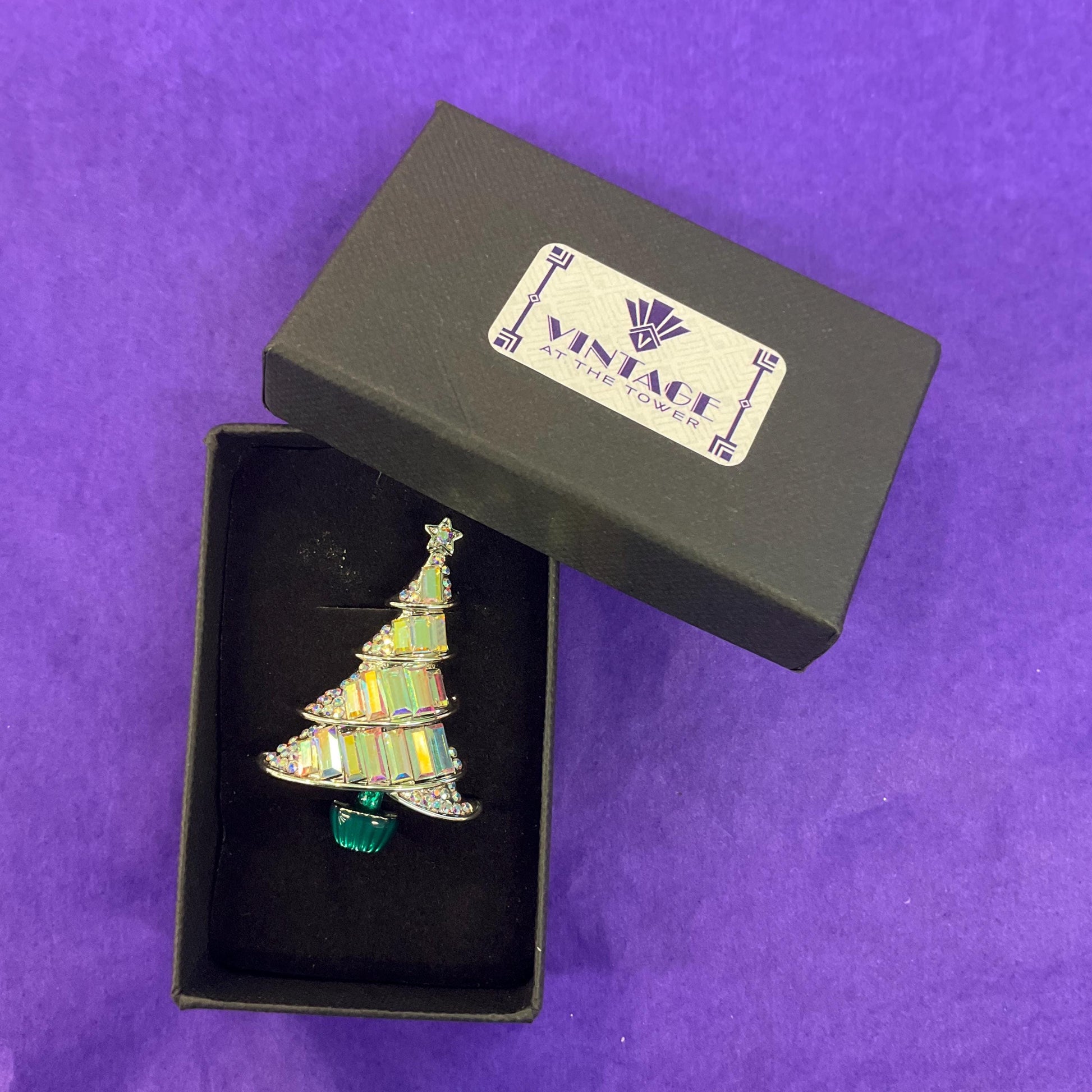 Vintage Butler and Wilson Festive Crystal Christmas Tree Brooch, uproar Borealis Baguette Crystals and Rhinestones