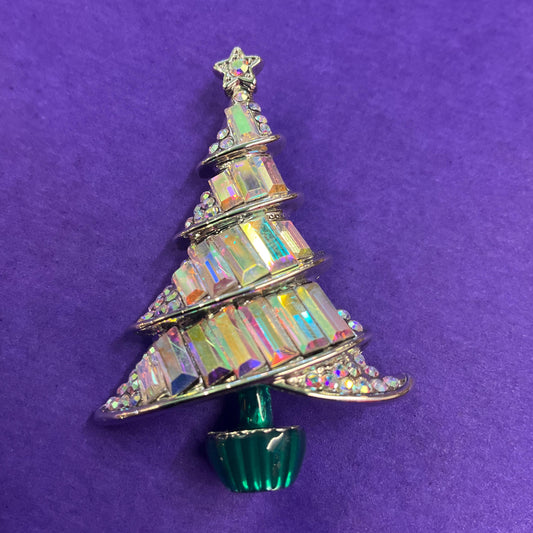 Vintage Butler and Wilson Festive Crystal Christmas Tree Brooch, uproar Borealis Baguette Crystals and Rhinestones