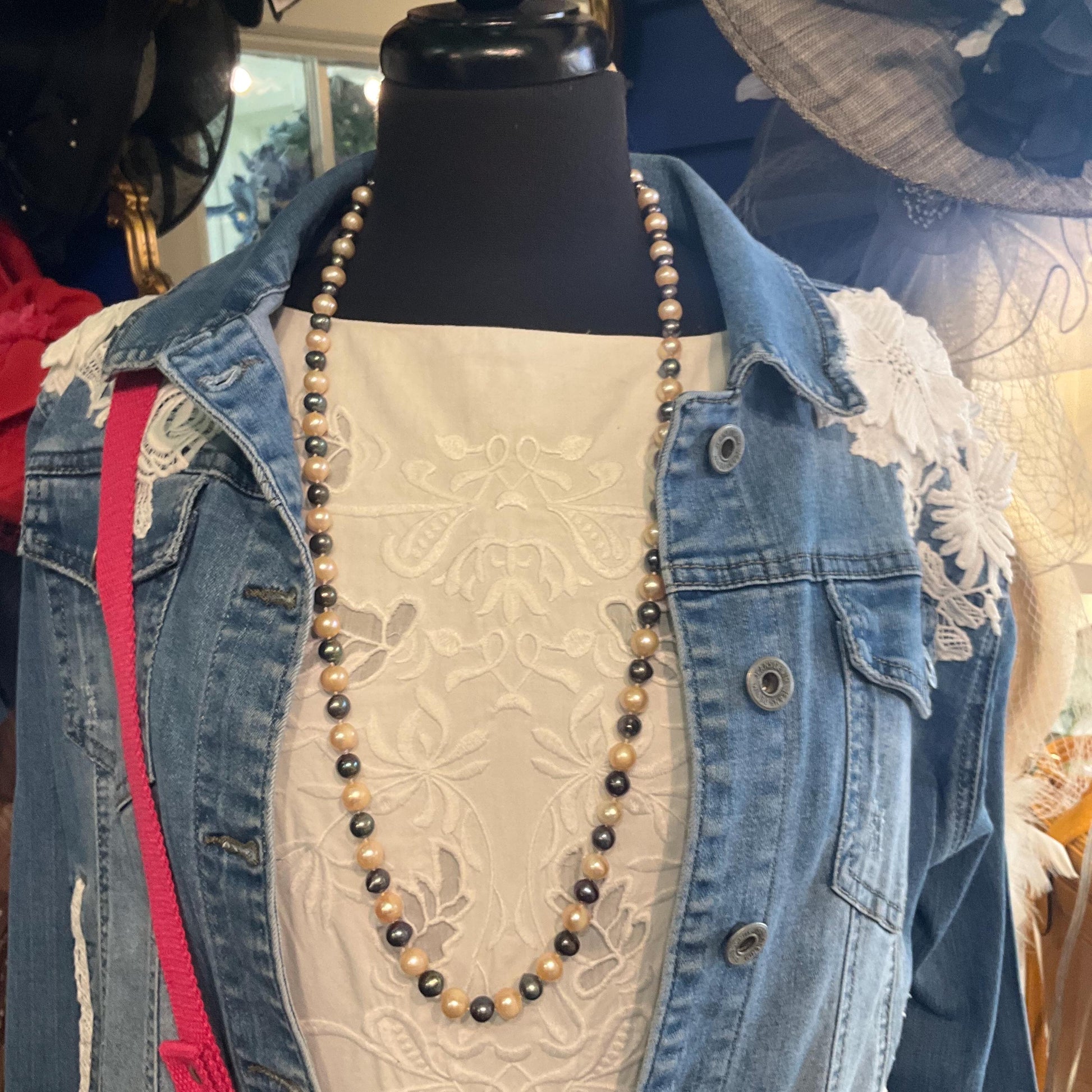 Vintage Opera Length Fresh Water Pearl Handknotted Necklace, Oyster and Peacock Coloured Organic Pearls