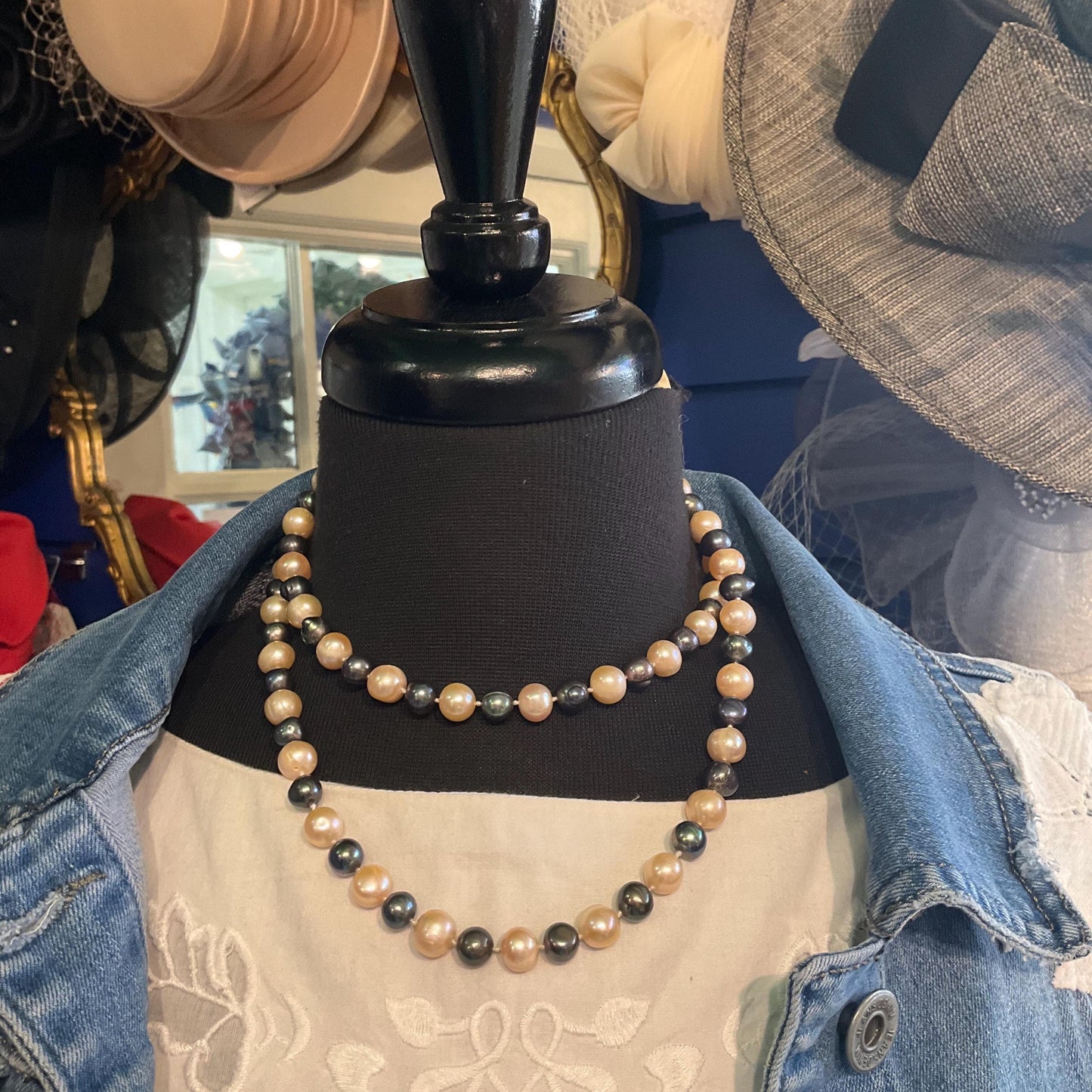 Vintage Opera Length Fresh Water Pearl Handknotted Necklace, Oyster and Peacock Coloured Organic Pearls