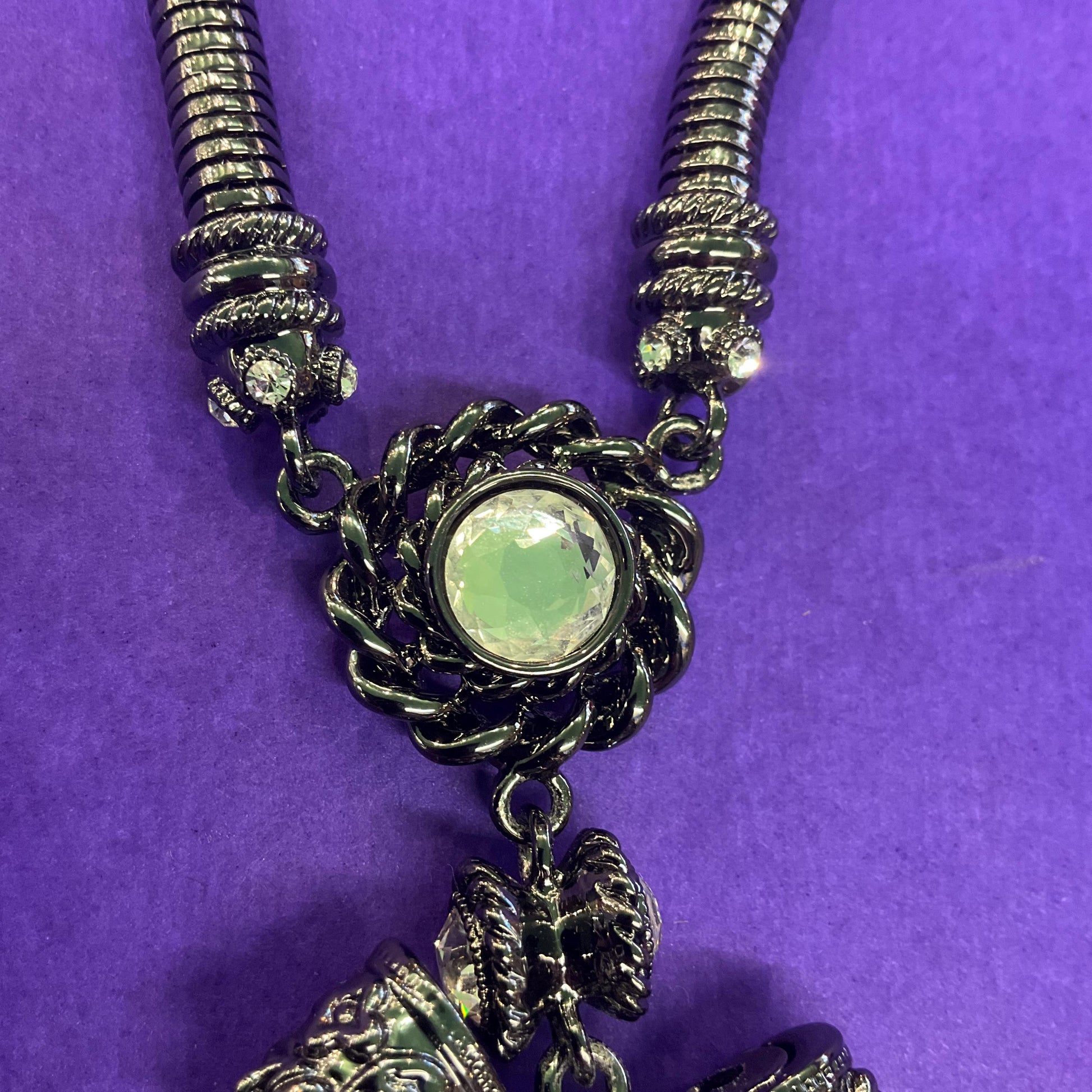 Vintage Butler and Wilson Dark Pewter Crystal Heart and Bow Necklace