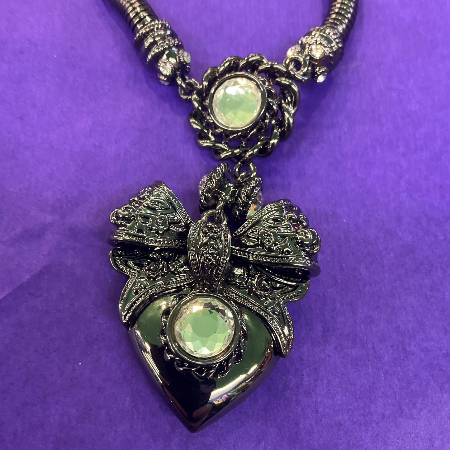 Vintage Butler and Wilson Dark Pewter Crystal Heart and Bow Necklace