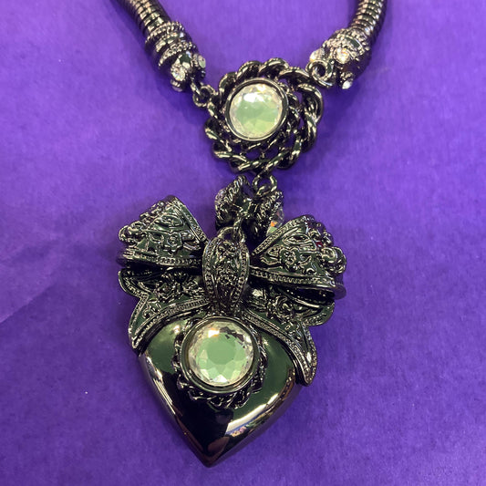 Vintage Butler and Wilson Dark Pewter Crystal Heart and Bow Necklace