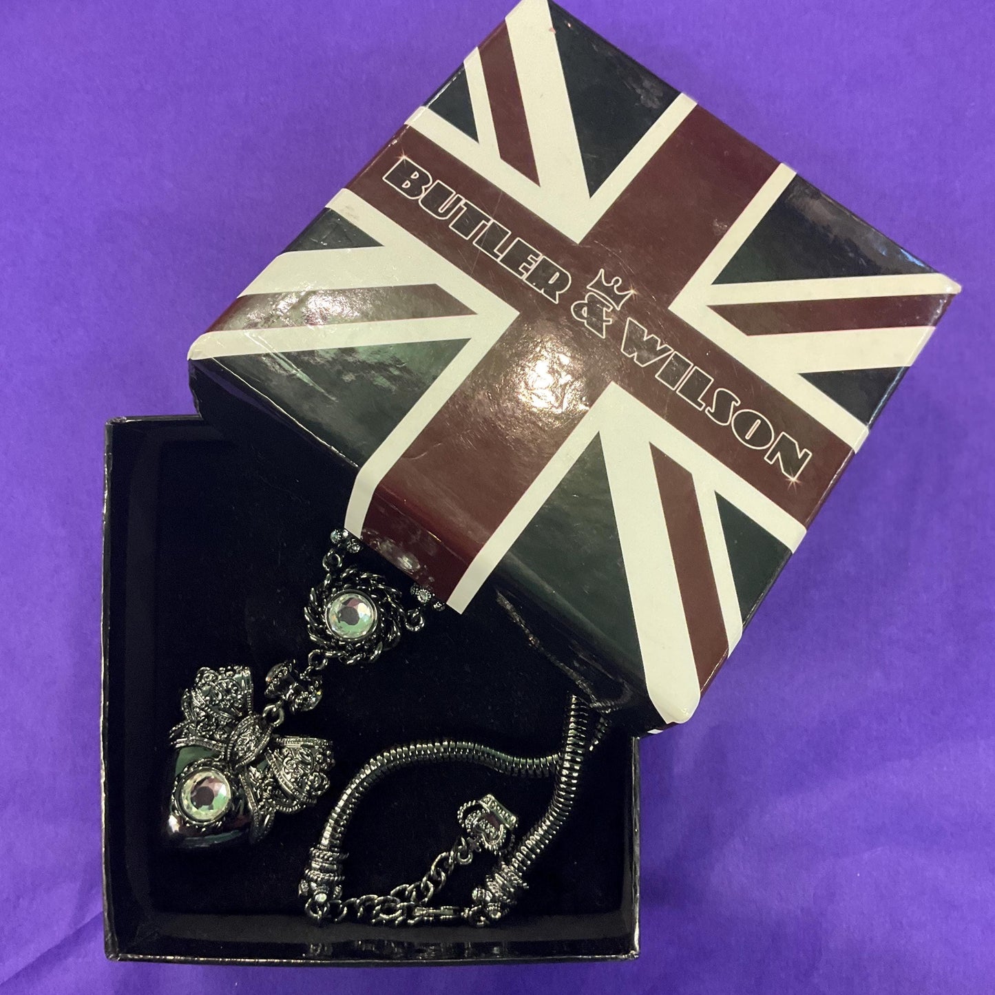 Vintage Butler and Wilson Dark Pewter Crystal Heart and Bow Necklace