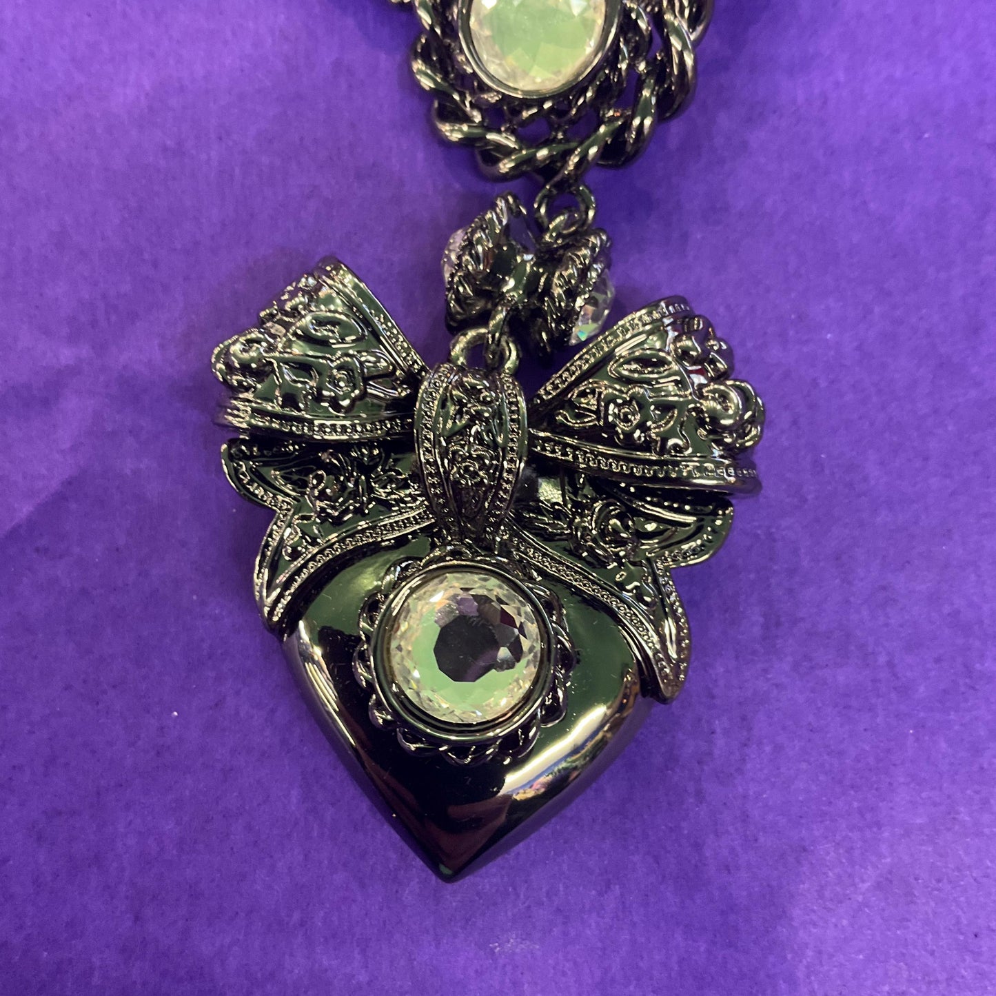 Vintage Butler and Wilson Dark Pewter Crystal Heart and Bow Necklace