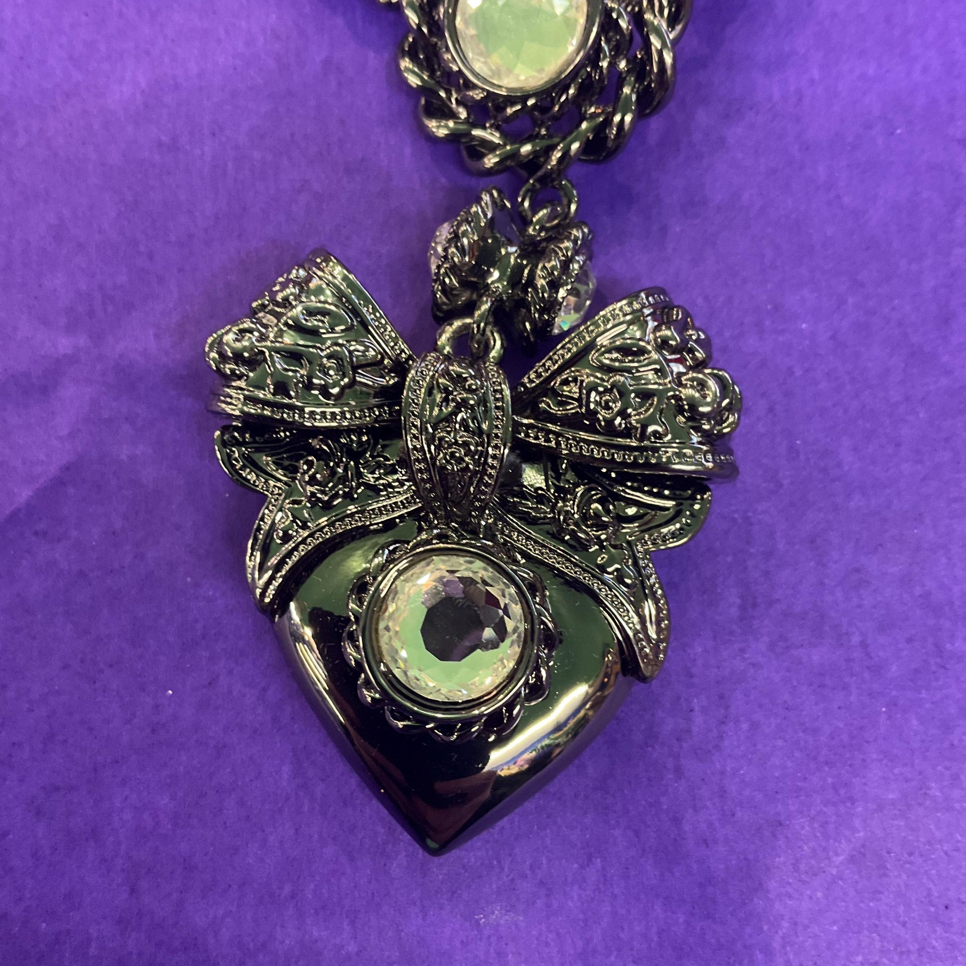 Vintage Butler and Wilson Dark Pewter Crystal Heart and Bow Necklace