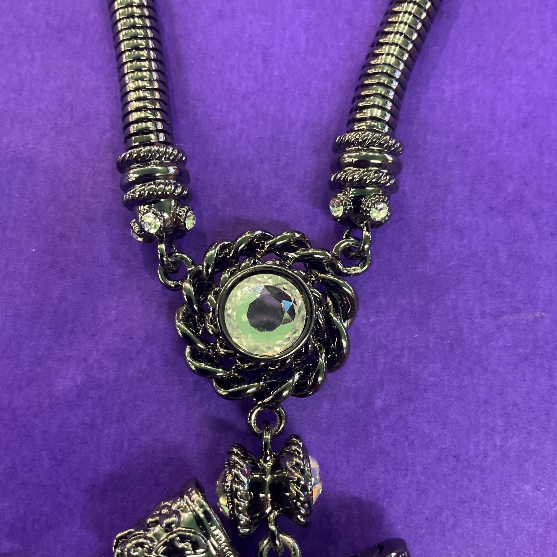 Vintage Butler and Wilson Dark Pewter Crystal Heart and Bow Necklace