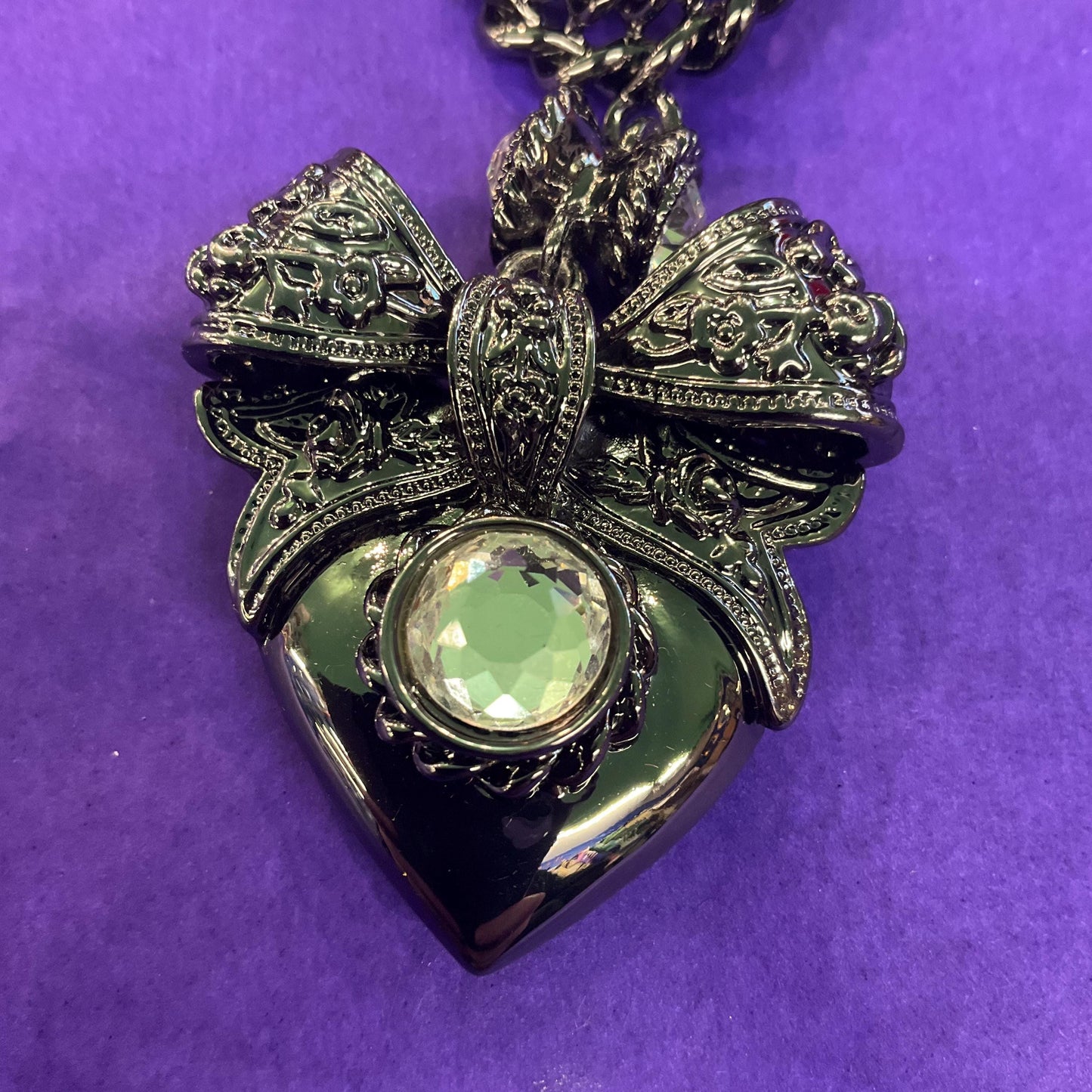 Vintage Butler and Wilson Dark Pewter Crystal Heart and Bow Necklace