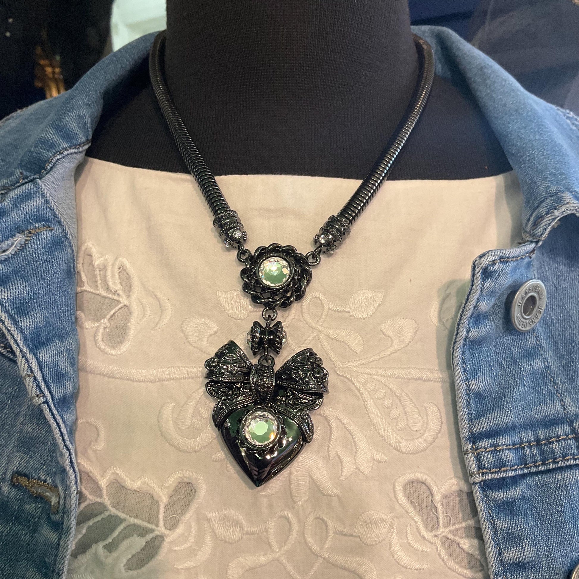 Vintage Butler and Wilson Dark Pewter Crystal Heart and Bow Necklace