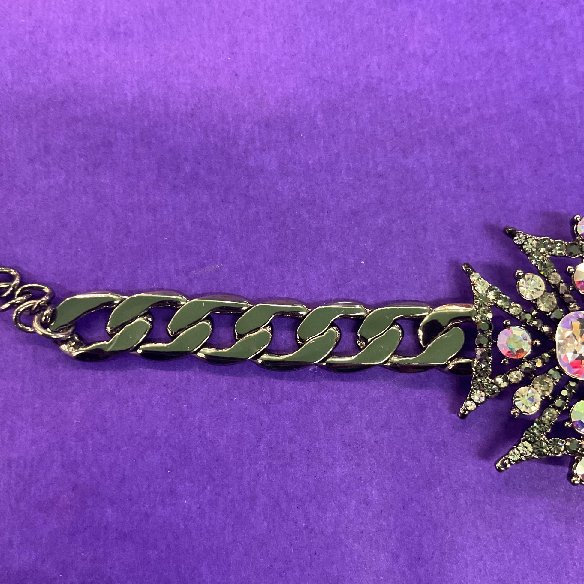 Vintage Butler and Wilson Crystal Gothic Stylised Cross Chain Bracelet, Dark Pewter Tone with Silver and Aurora Borealis Crystals