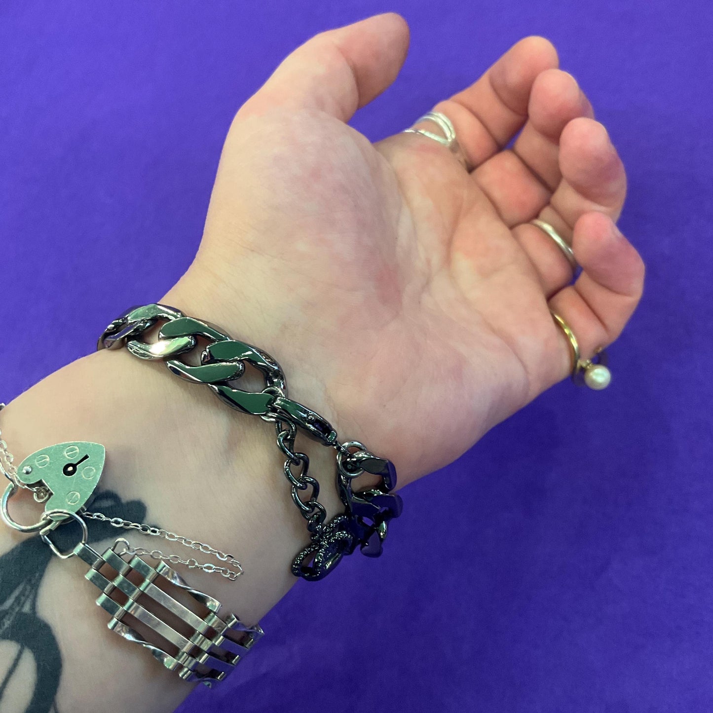 Vintage Butler and Wilson Crystal Gothic Stylised Cross Chain Bracelet, Dark Pewter Tone with Silver and Aurora Borealis Crystals
