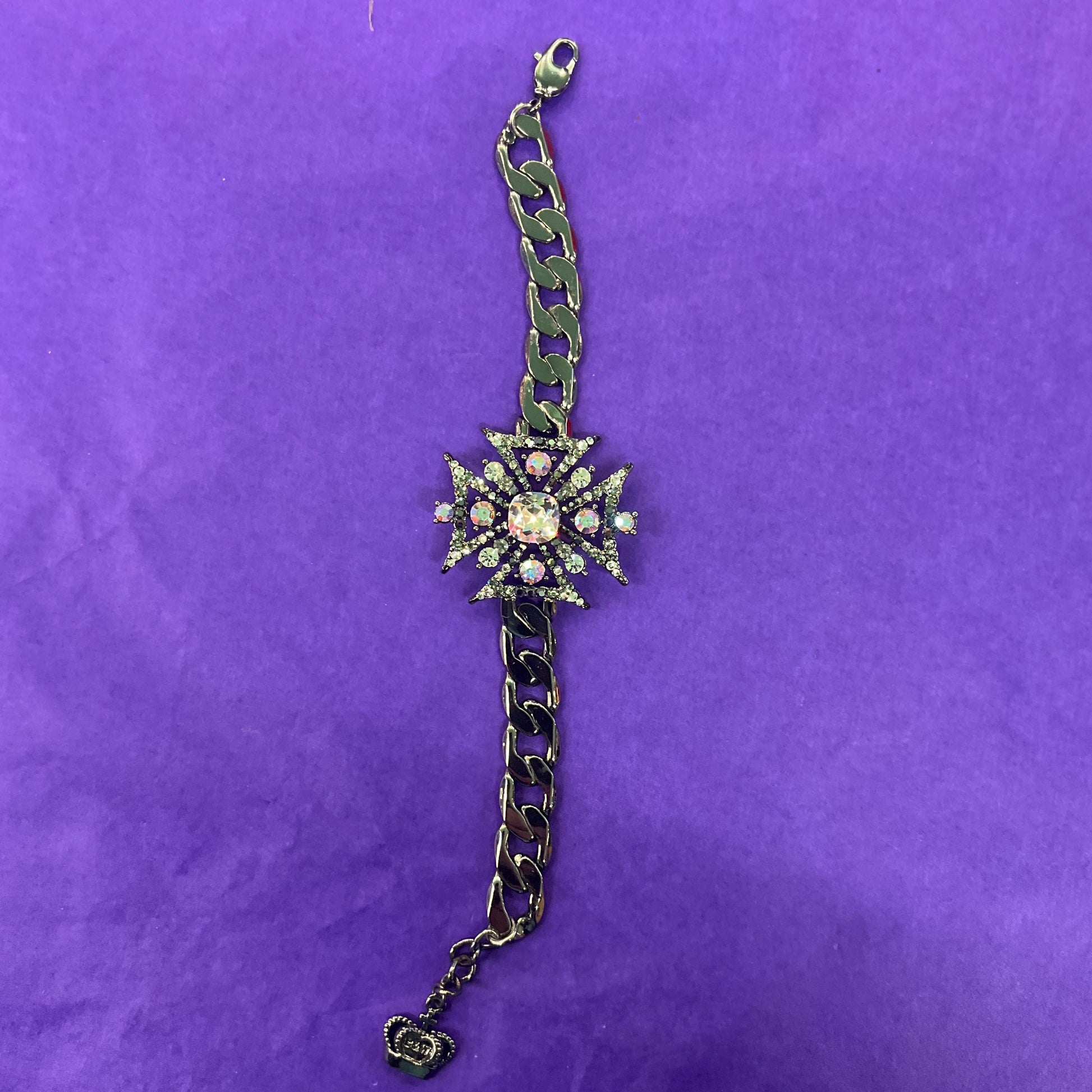 Vintage Butler and Wilson Crystal Gothic Stylised Cross Chain Bracelet, Dark Pewter Tone with Silver and Aurora Borealis Crystals