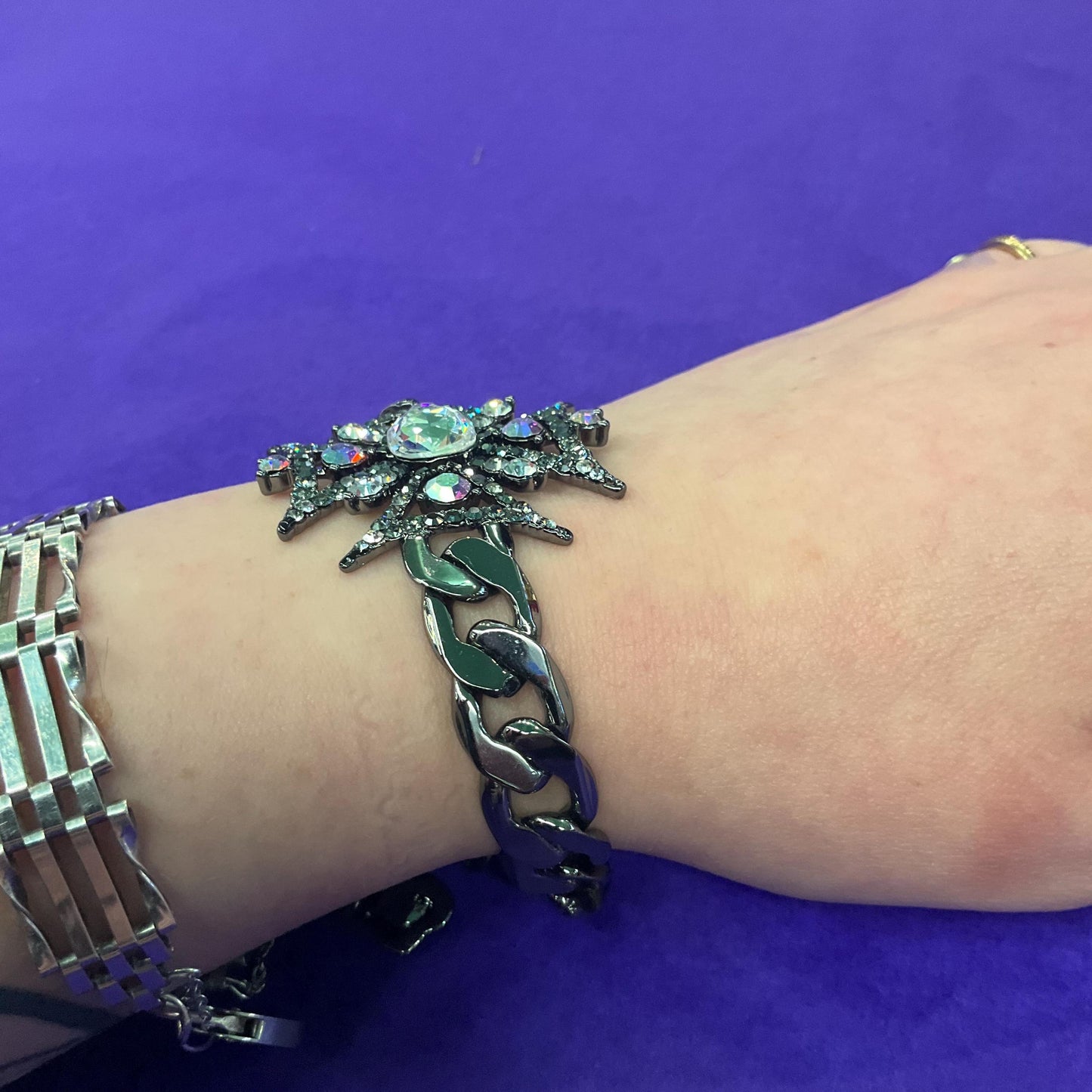 Vintage Butler and Wilson Crystal Gothic Stylised Cross Chain Bracelet, Dark Pewter Tone with Silver and Aurora Borealis Crystals