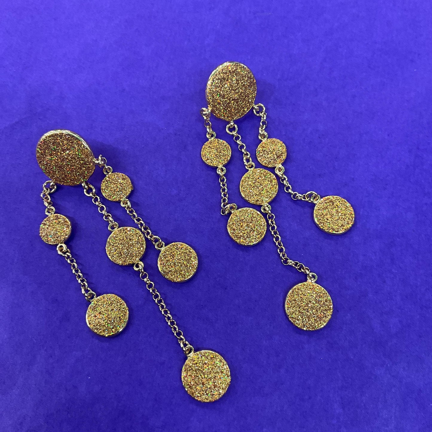 Vintage Butler and Wilson Gold Crystal Glitter Chandelier Drop Earrings, Gold Tone with Borealis Gold Glitter Enamel