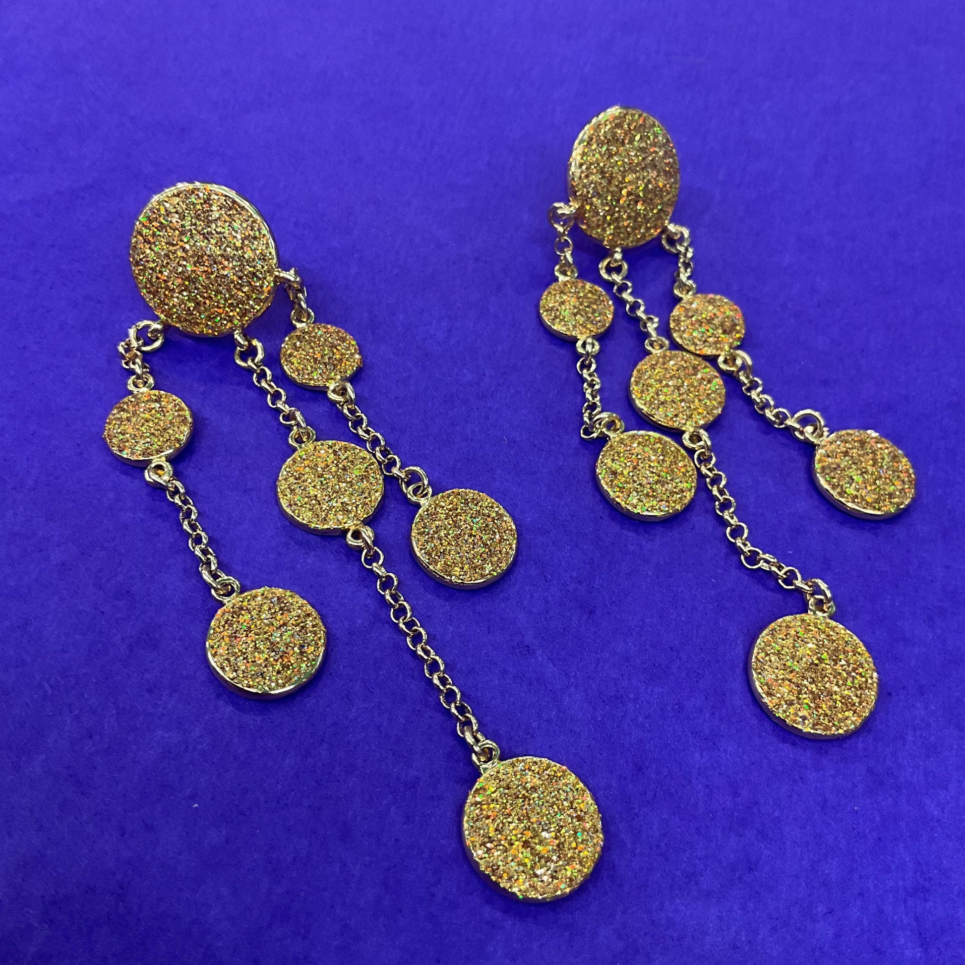 Vintage Butler and Wilson Gold Crystal Glitter Chandelier Drop Earrings, Gold Tone with Borealis Gold Glitter Enamel