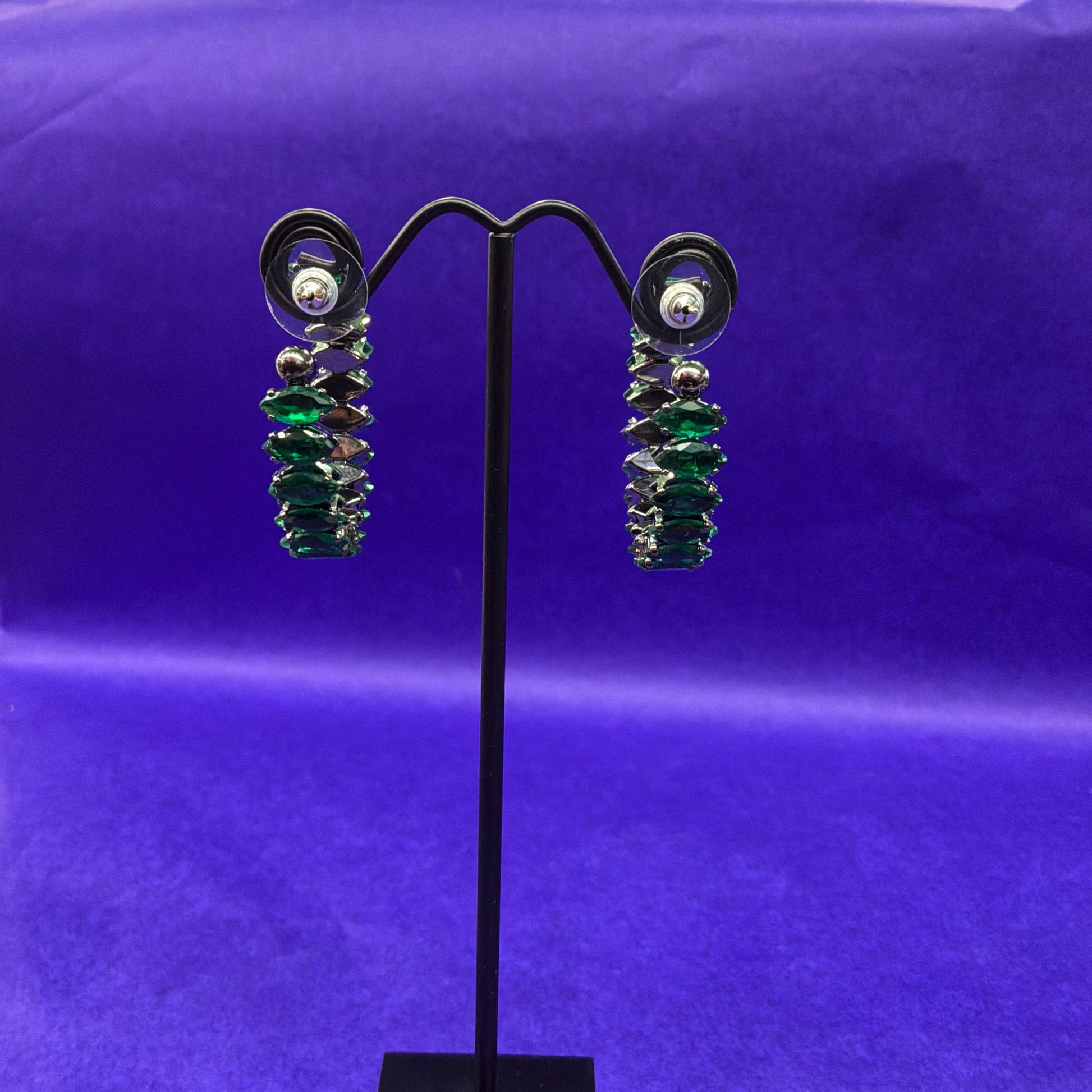 Vintage Butler and Wilson Green Crystal Hoop Earrings, Dark Pewter Tone with Deep Green Faceted Crystals