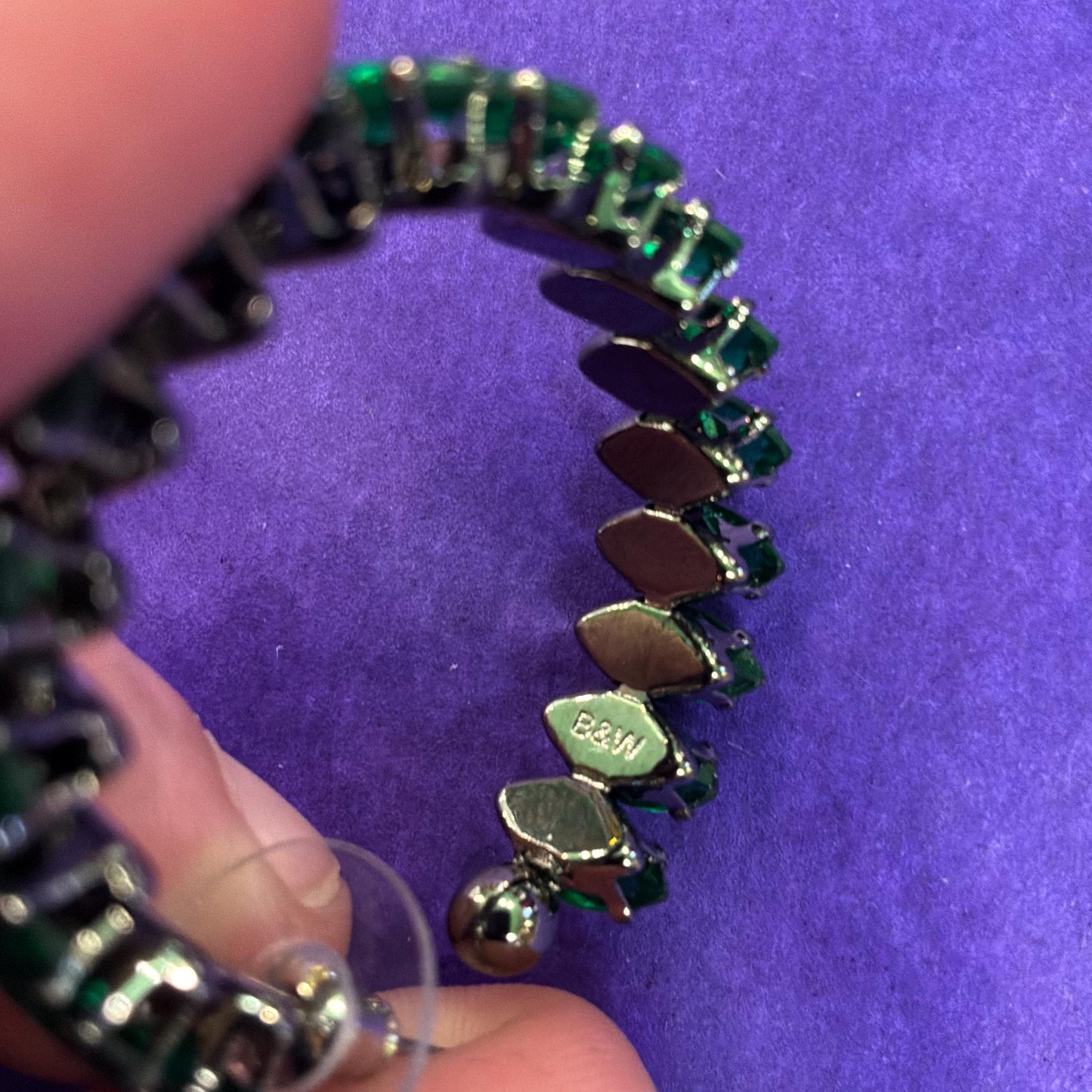 Vintage Butler and Wilson Green Crystal Hoop Earrings, Dark Pewter Tone with Deep Green Faceted Crystals