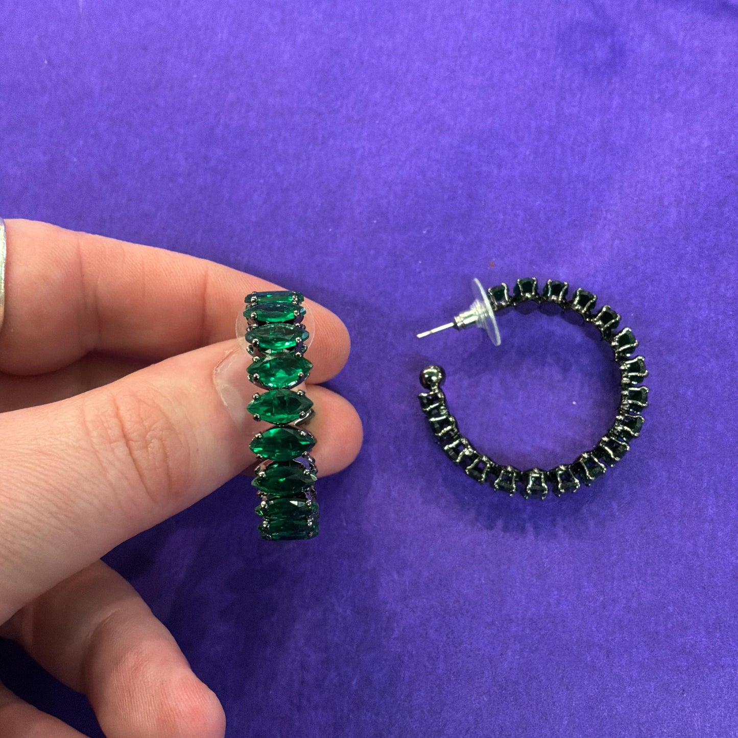 Vintage Butler and Wilson Green Crystal Hoop Earrings, Dark Pewter Tone with Deep Green Faceted Crystals