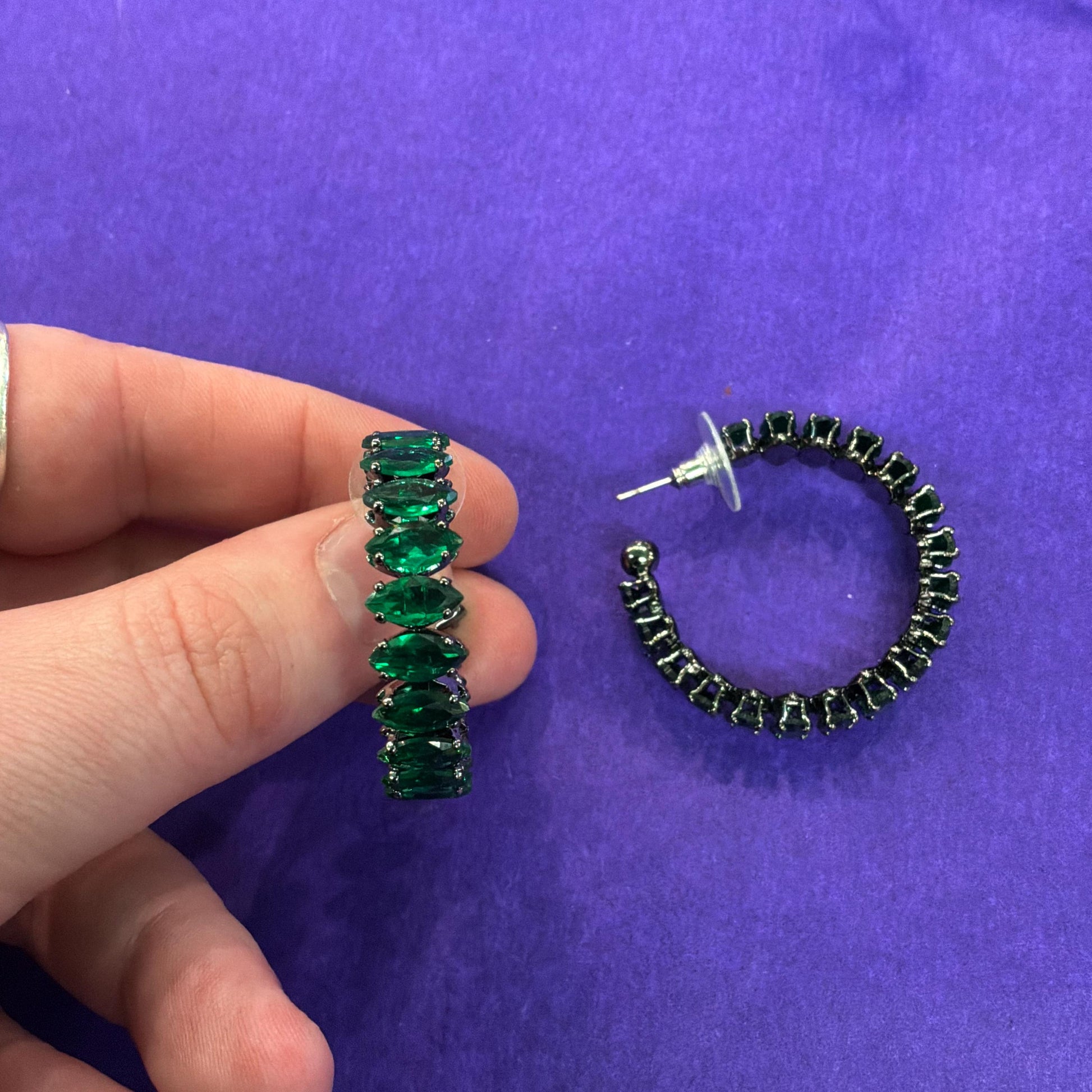 Vintage Butler and Wilson Green Crystal Hoop Earrings, Dark Pewter Tone with Deep Green Faceted Crystals