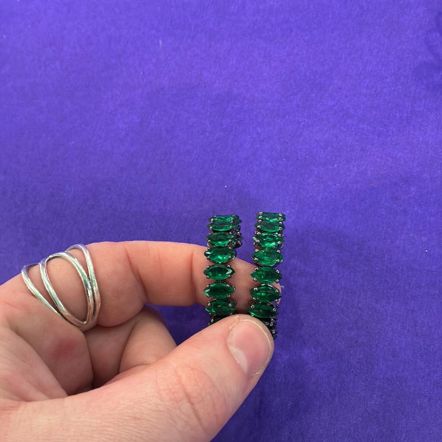 Vintage Butler and Wilson Green Crystal Hoop Earrings, Dark Pewter Tone with Deep Green Faceted Crystals