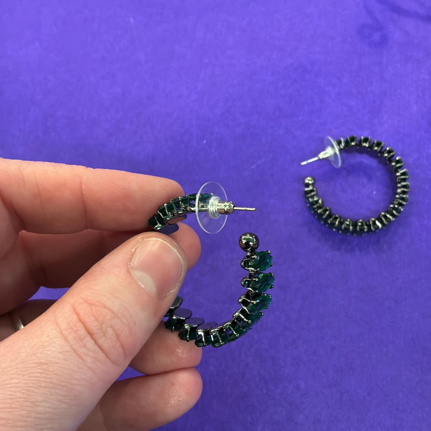 Vintage Butler and Wilson Green Crystal Hoop Earrings, Dark Pewter Tone with Deep Green Faceted Crystals