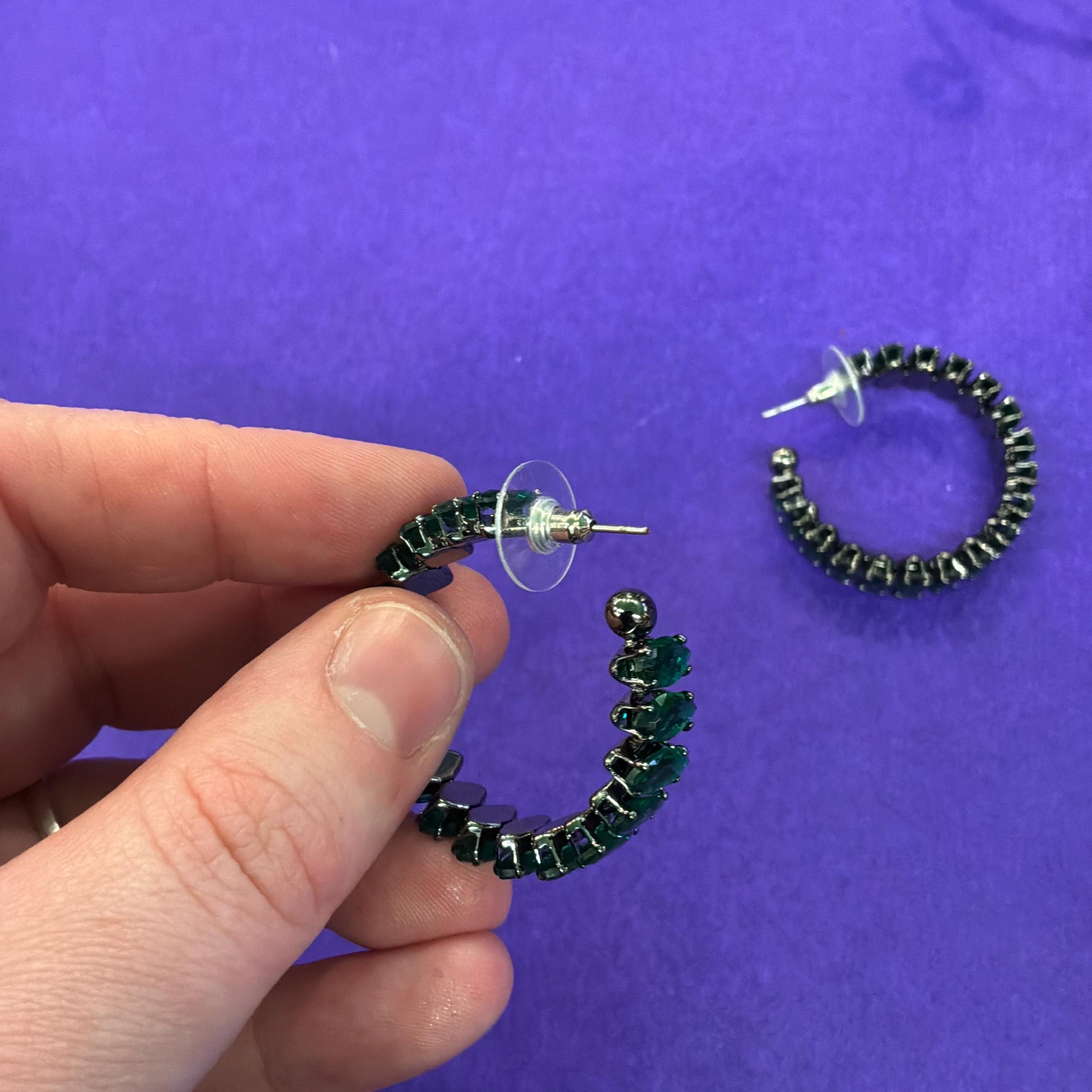 Vintage Butler and Wilson Green Crystal Hoop Earrings, Dark Pewter Tone with Deep Green Faceted Crystals