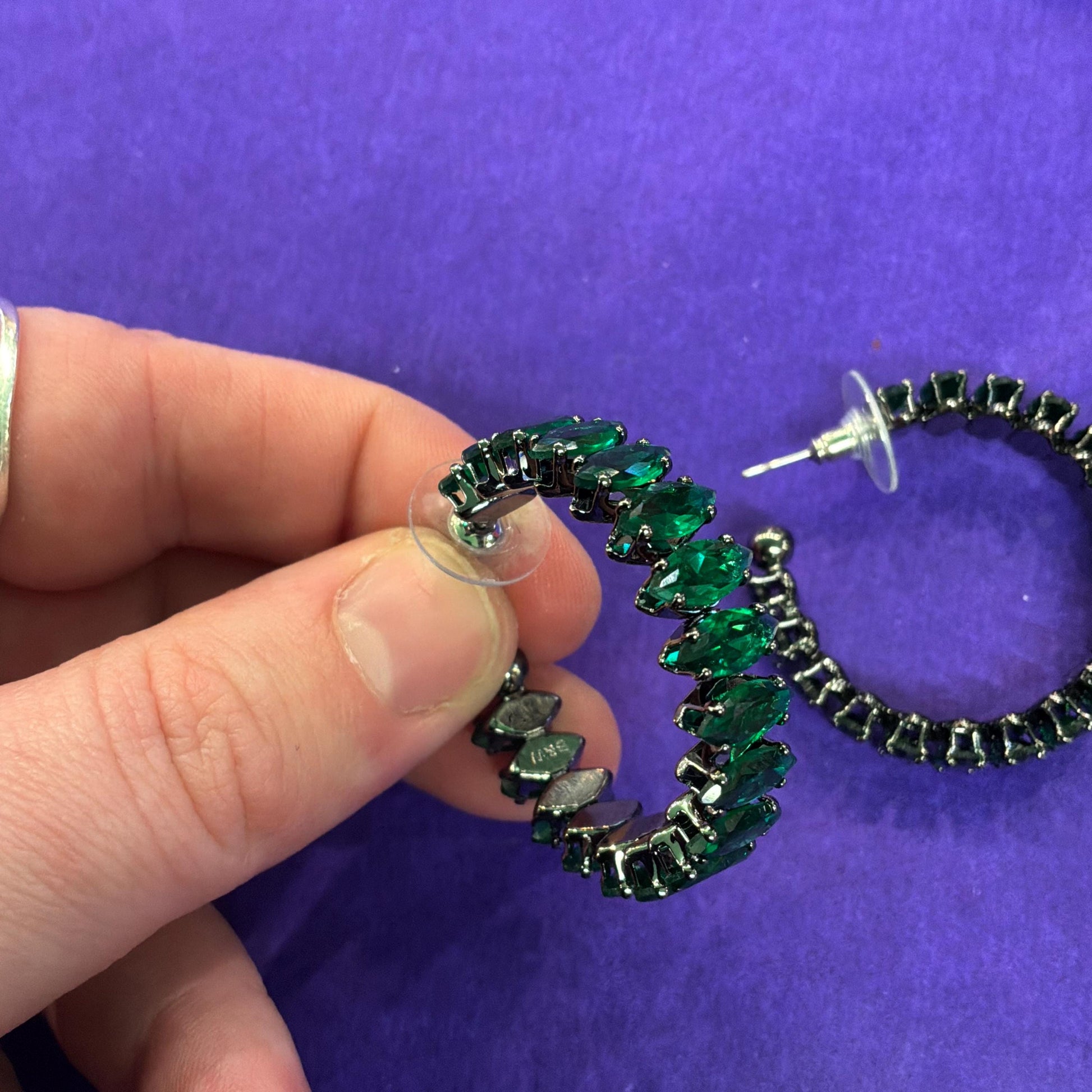 Vintage Butler and Wilson Green Crystal Hoop Earrings, Dark Pewter Tone with Deep Green Faceted Crystals