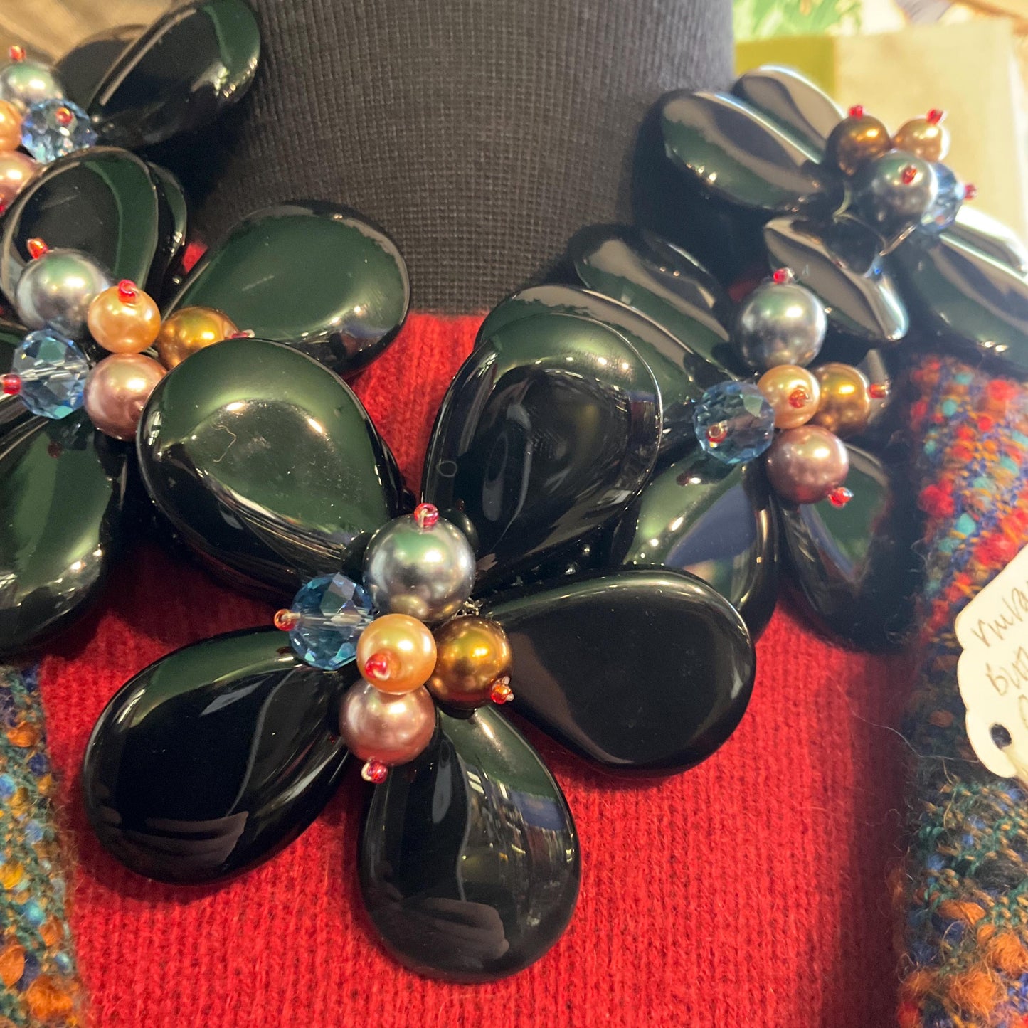 Vintage Butler and Wilson Statement Black crystal Floral Necklace with faux pearl and beaded clusters