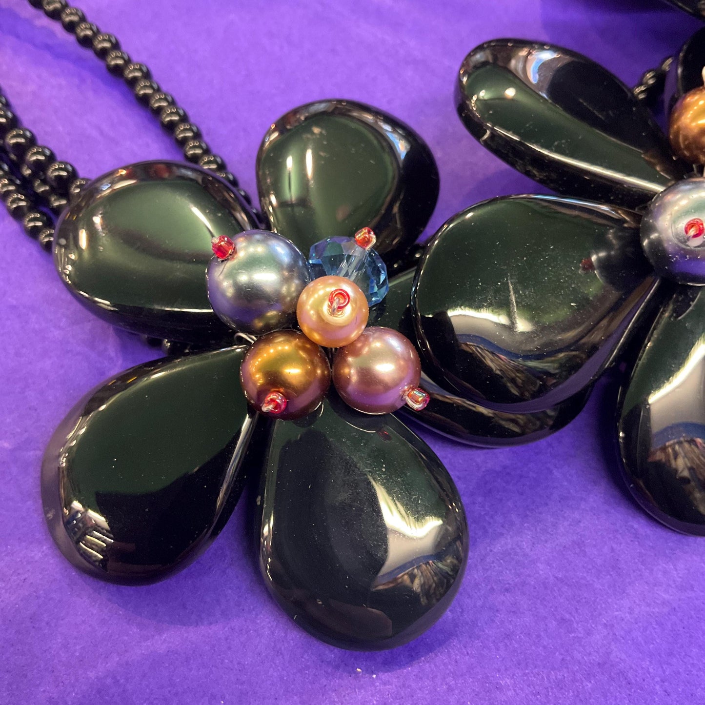 Vintage Butler and Wilson Statement Black crystal Floral Necklace with faux pearl and beaded clusters