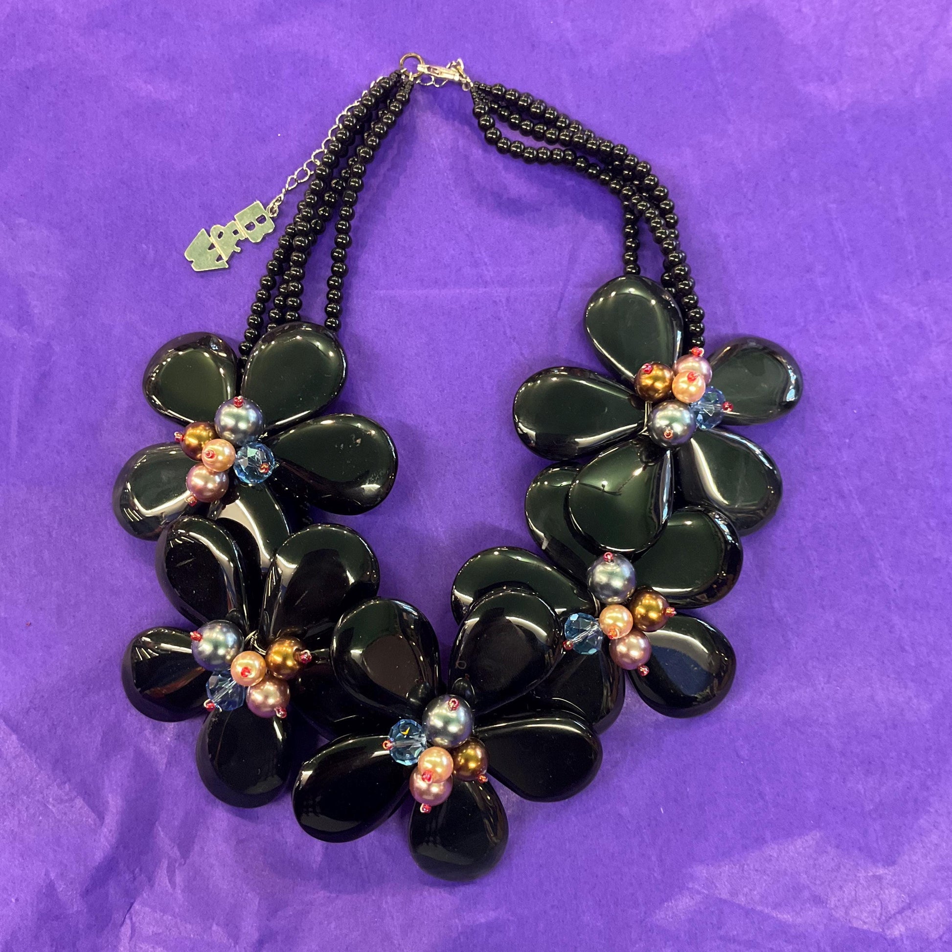 Vintage Butler and Wilson Statement Black crystal Floral Necklace with faux pearl and beaded clusters