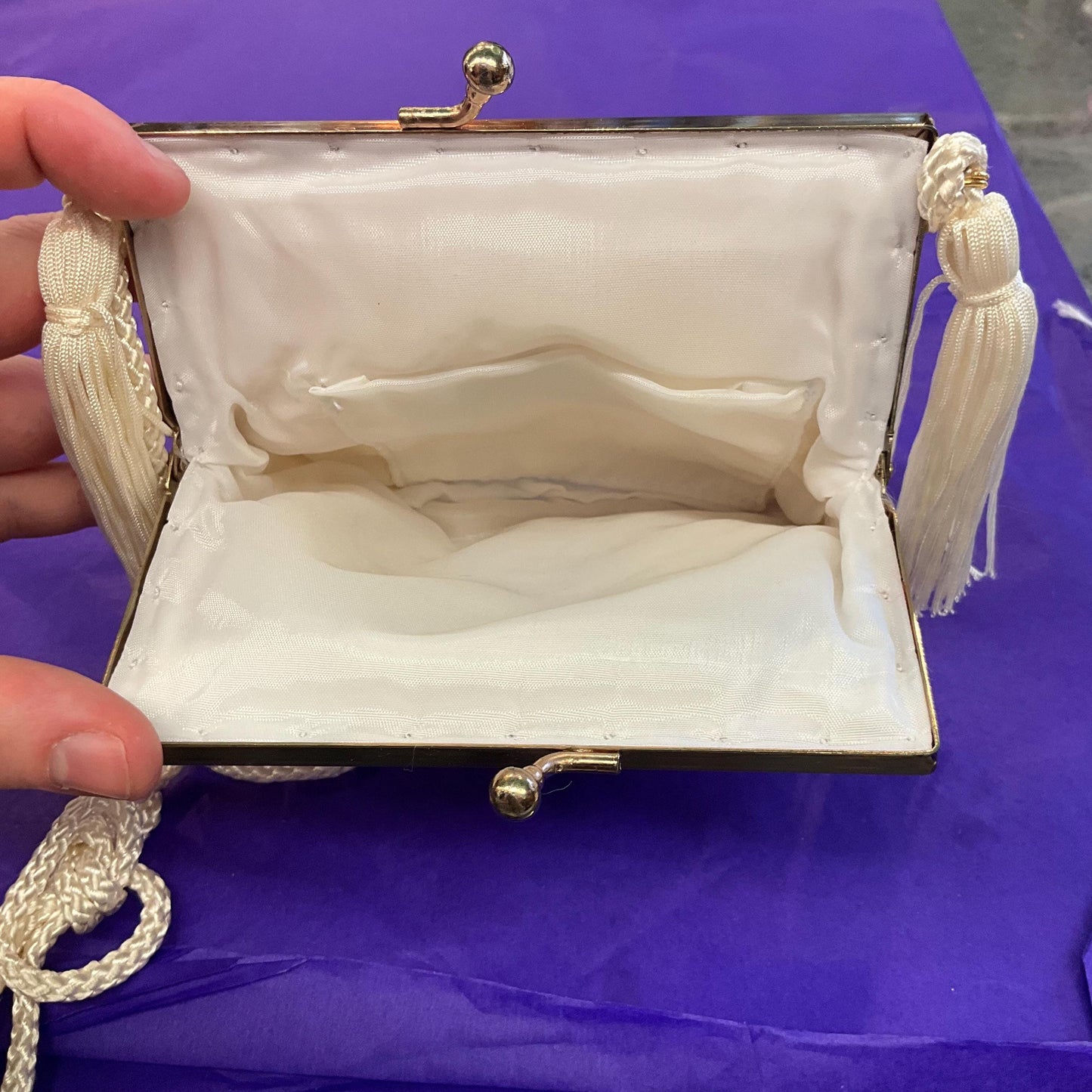 Vintage 1970s/80s Ivory Satin Evening Bag with Rose Embroidery and Gold metallic wire work , silky cord shoulder strap and tassels